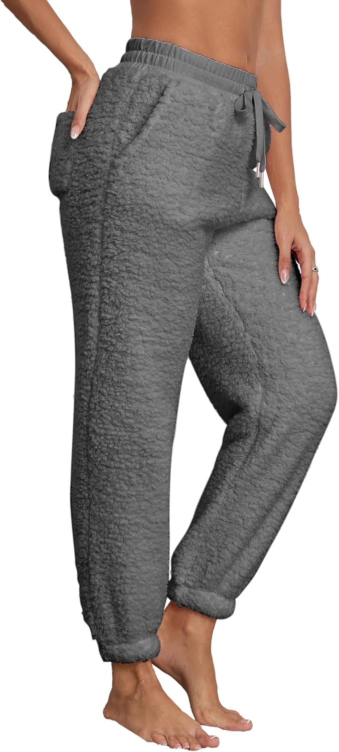 Famulily Womens Winter Sherpa Fleece Sweatpants Drawstring Waist Joggers Pants Thick Thermal Trousers with Pockets