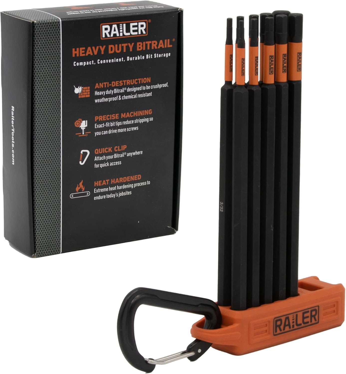 Hex Bit Set - Railer 6 Inch Impact Driver 10pc SAE Hex Bit Set With A Storage Magnetizer Bit Holder & Carabiner. Premium S2 Steel, Ideal For Furniture Screws (Orange)