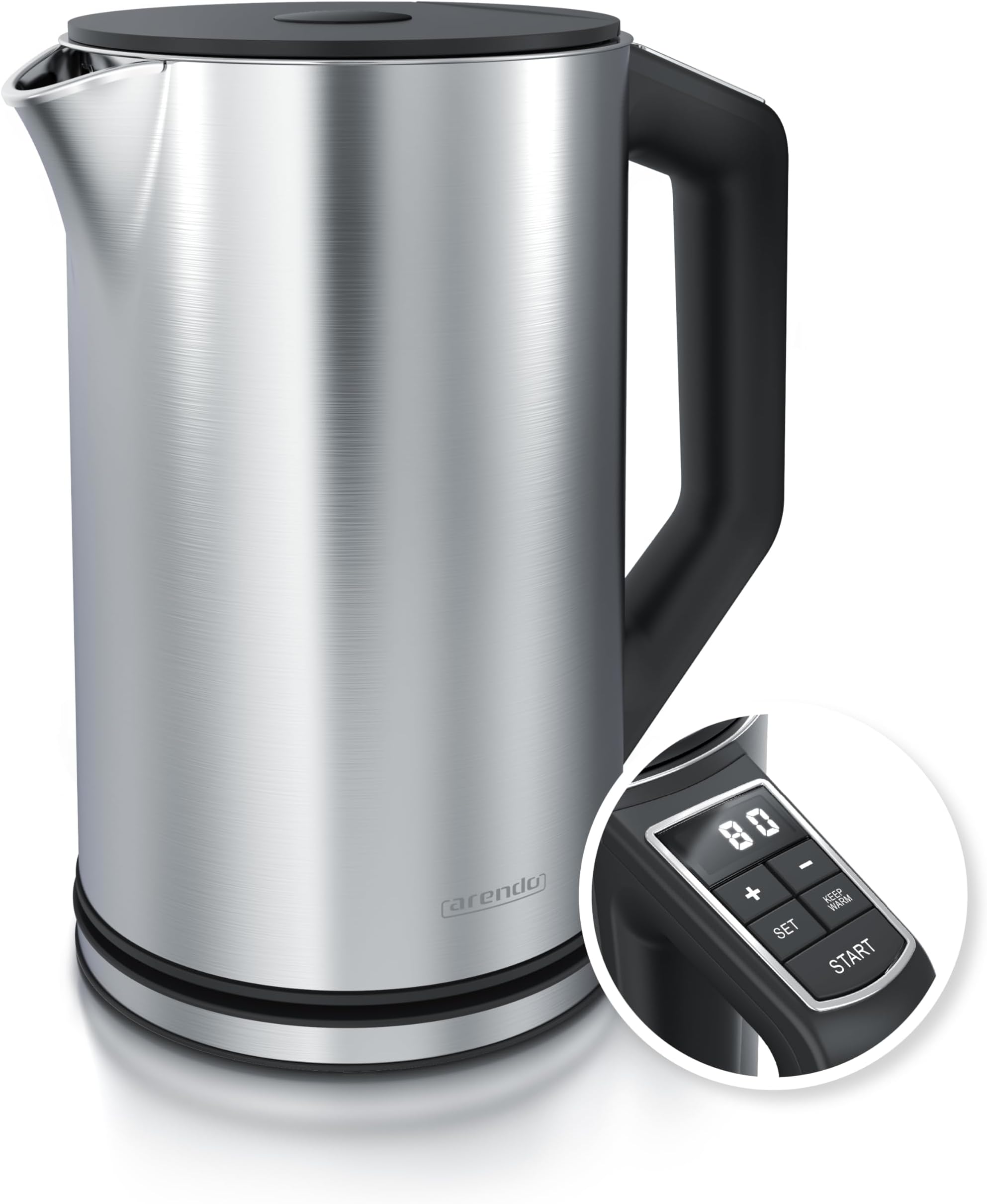 Arendo - Electric Kettle 1.5 L Cordless 2200W, Energy Saving, Temperature Control 40°C - 100°C, Keep Warm, BPA free No Plastic, Fast Boil Auto Shut-Off, Silver Brushed Stainless Steel