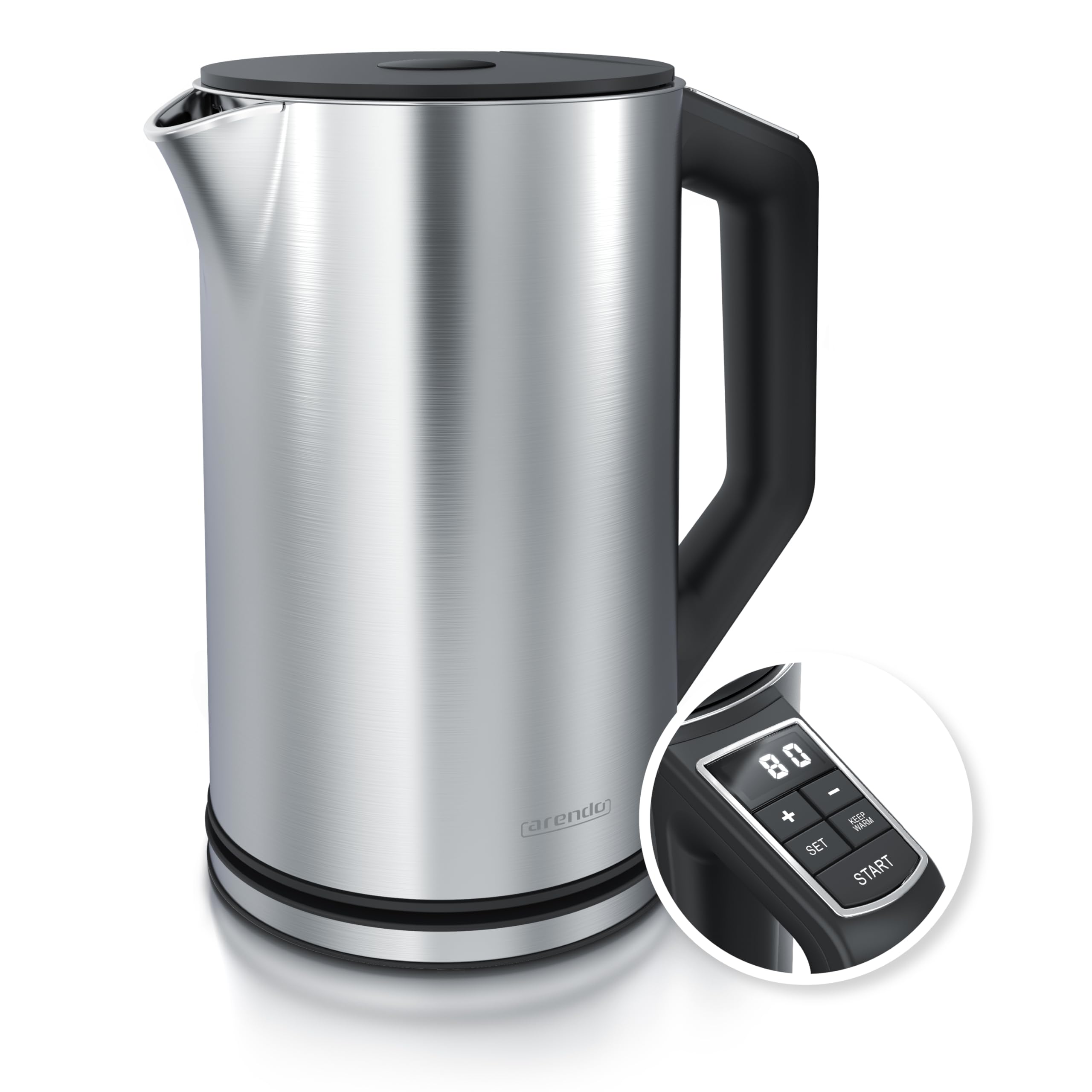 Arendo - Electric Kettle 1.5 L Cordless 2200W, Energy Saving, Temperature Control 40°C - 100°C, Keep Warm, BPA free No Plastic, Fast Boil Auto Shut-Off, Silver Brushed Stainless Steel
