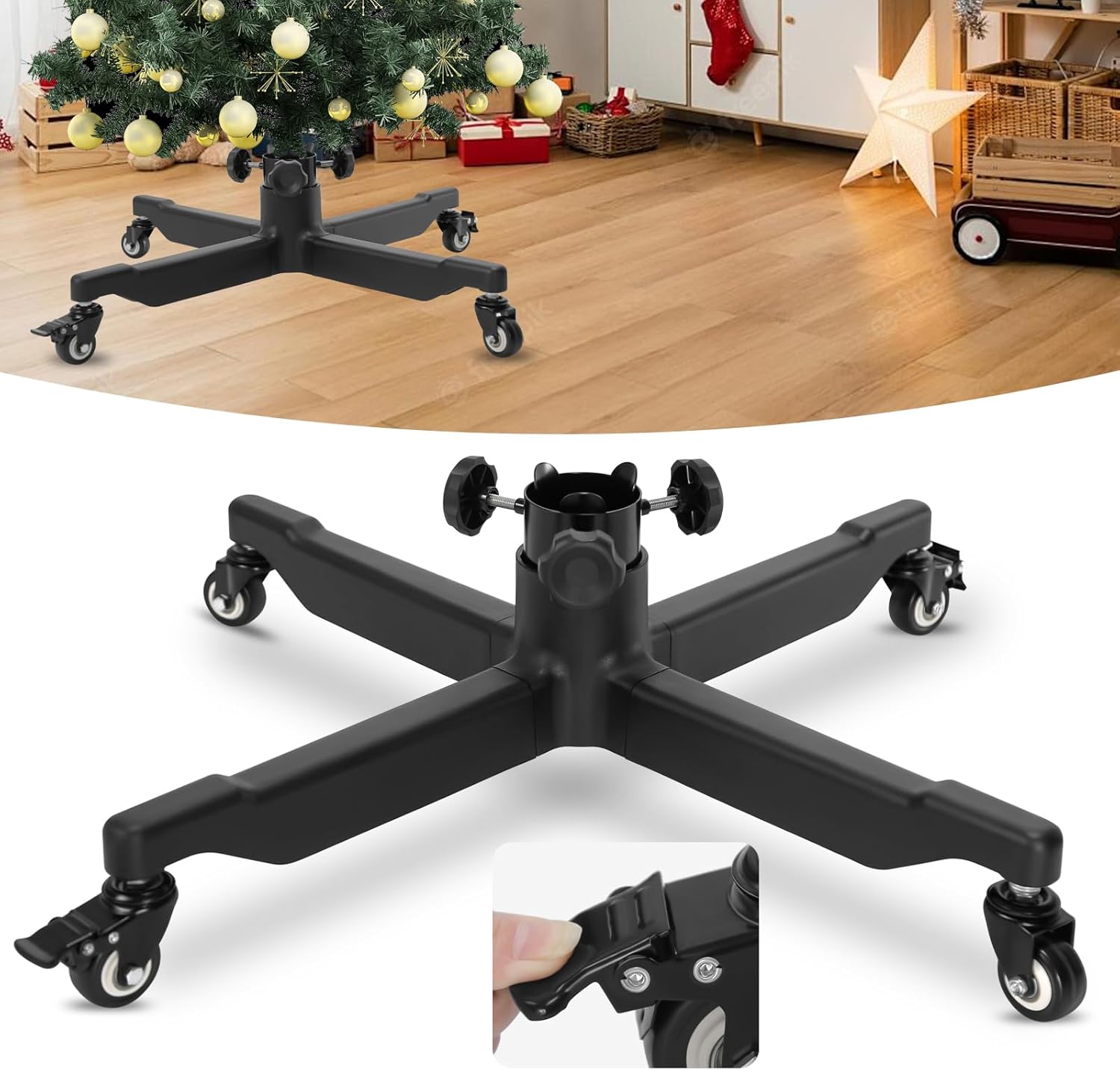 Rolling Artificial Christmas Tree Stand Base Replacement with Wheels Universal Heavy Duty Fake Tree Stands Faux Xmas Tree Stand Up to 7.5Ft Tree