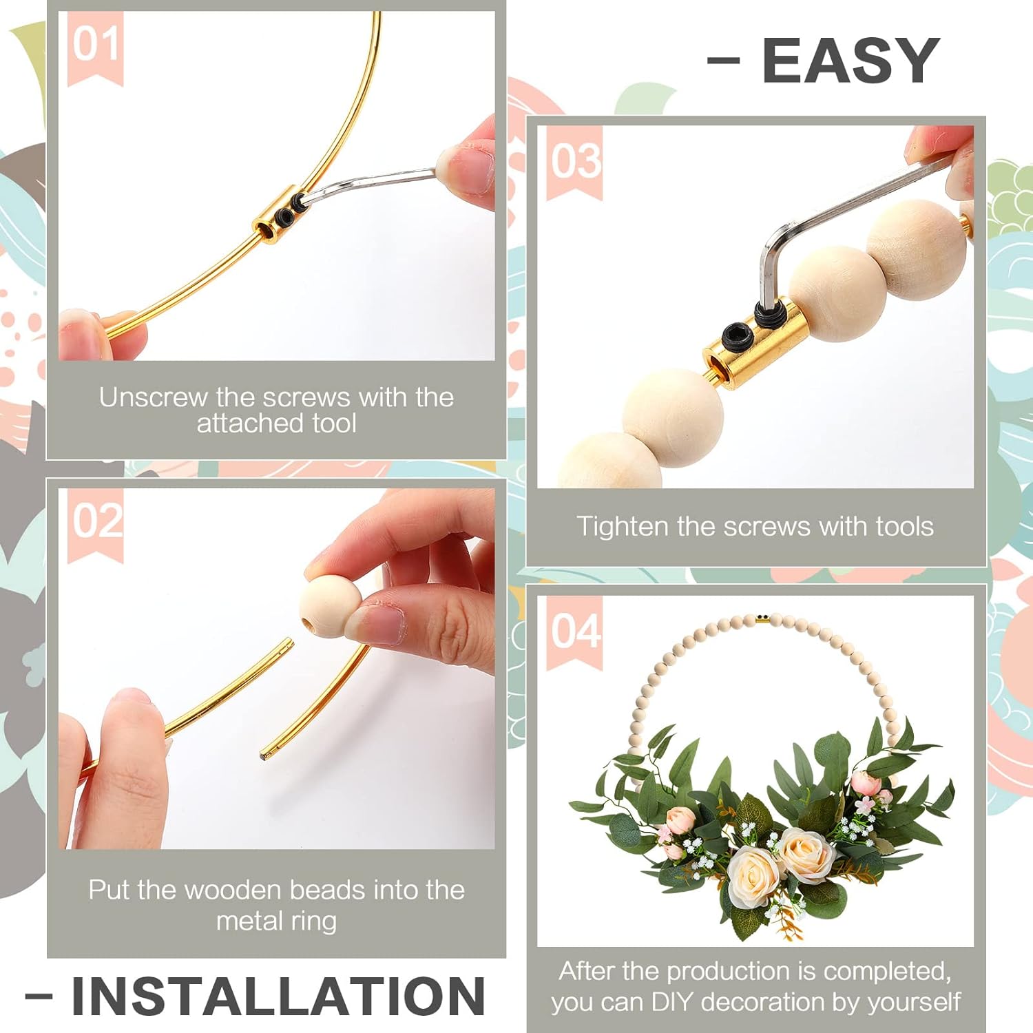 Huquary 10 Sets 12" Wood Bead Wreath for Crafts Rustic Wooden Wreath Ring 10 Pcs Metal Floral Hoop with 800 Pcs Wooden Beads for DIY Farmhouse Wedding Door Wall Hanging Decor