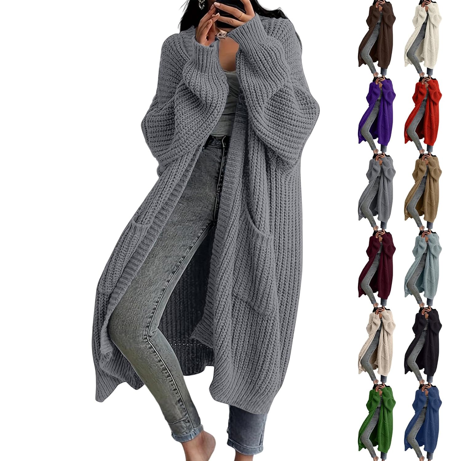 Long Cardigan Sweaters for Women Oversized Chunky Cable Knit Cardigan Long Sleeve Open Front Cardigans Jacket Plain Coat