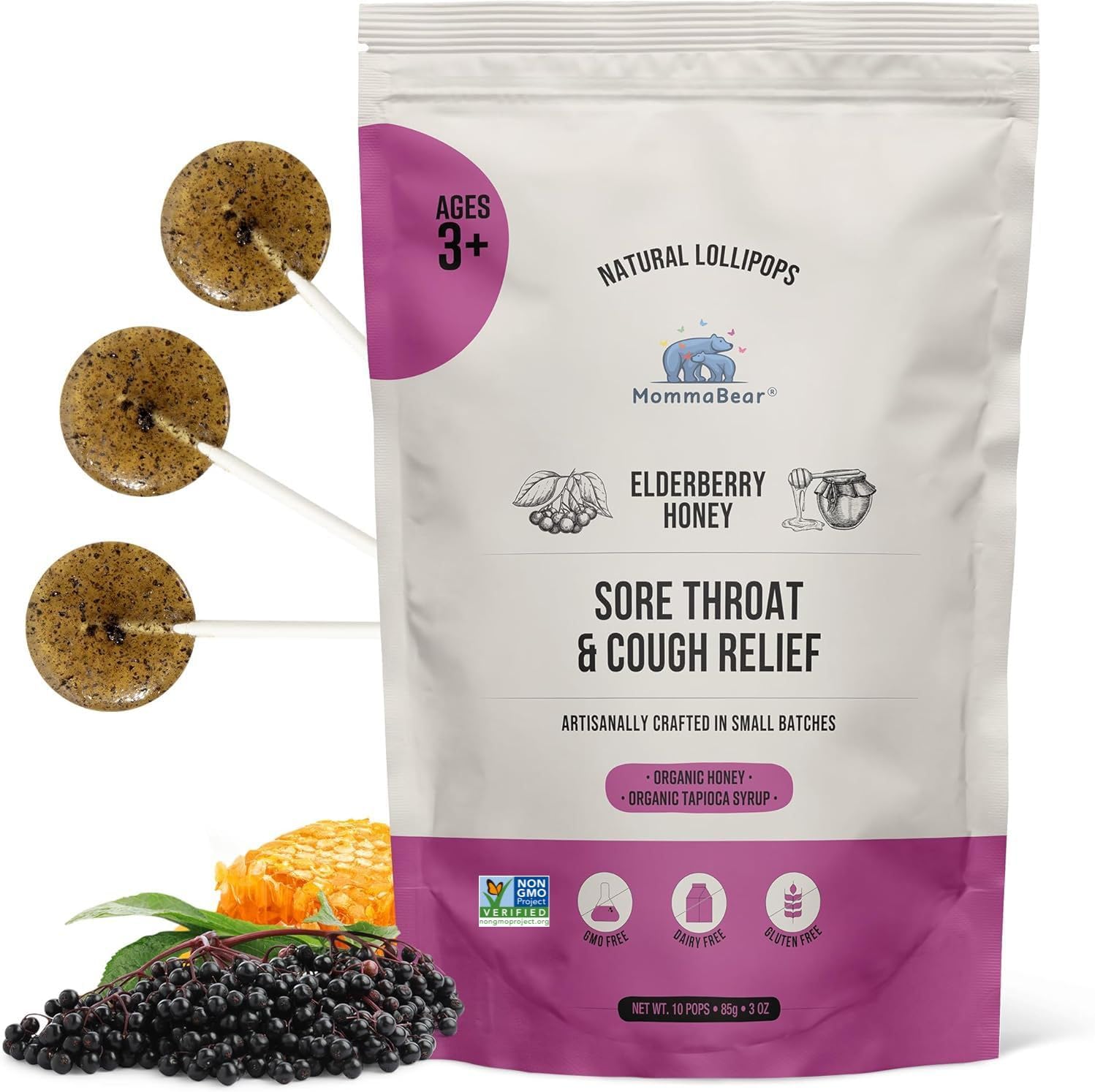 Natural Sore Throat Care Lollipops – Elderberry & Honey Kids Cough Lollipops – Organic Sick Essentials Lolli Treats, No Artificial Additives – Tightly Sealed for Freshness (10 Pack)