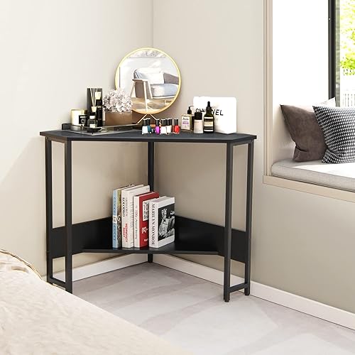 Miniatura 14 de Tangkula Escritorio esquinero con toma de corriente y puertos USB, escritorio triangular para computadora con estación de carga, estante de Marrón