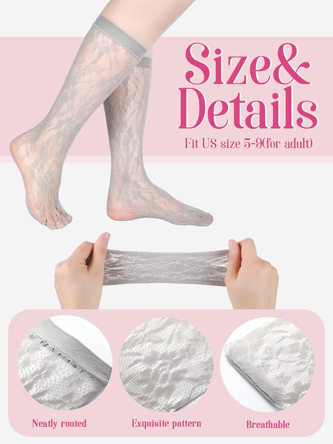 Geyoga 4 Pairs Women's Lace Socks Mesh Lace Knee High Socks for Women - Image 5