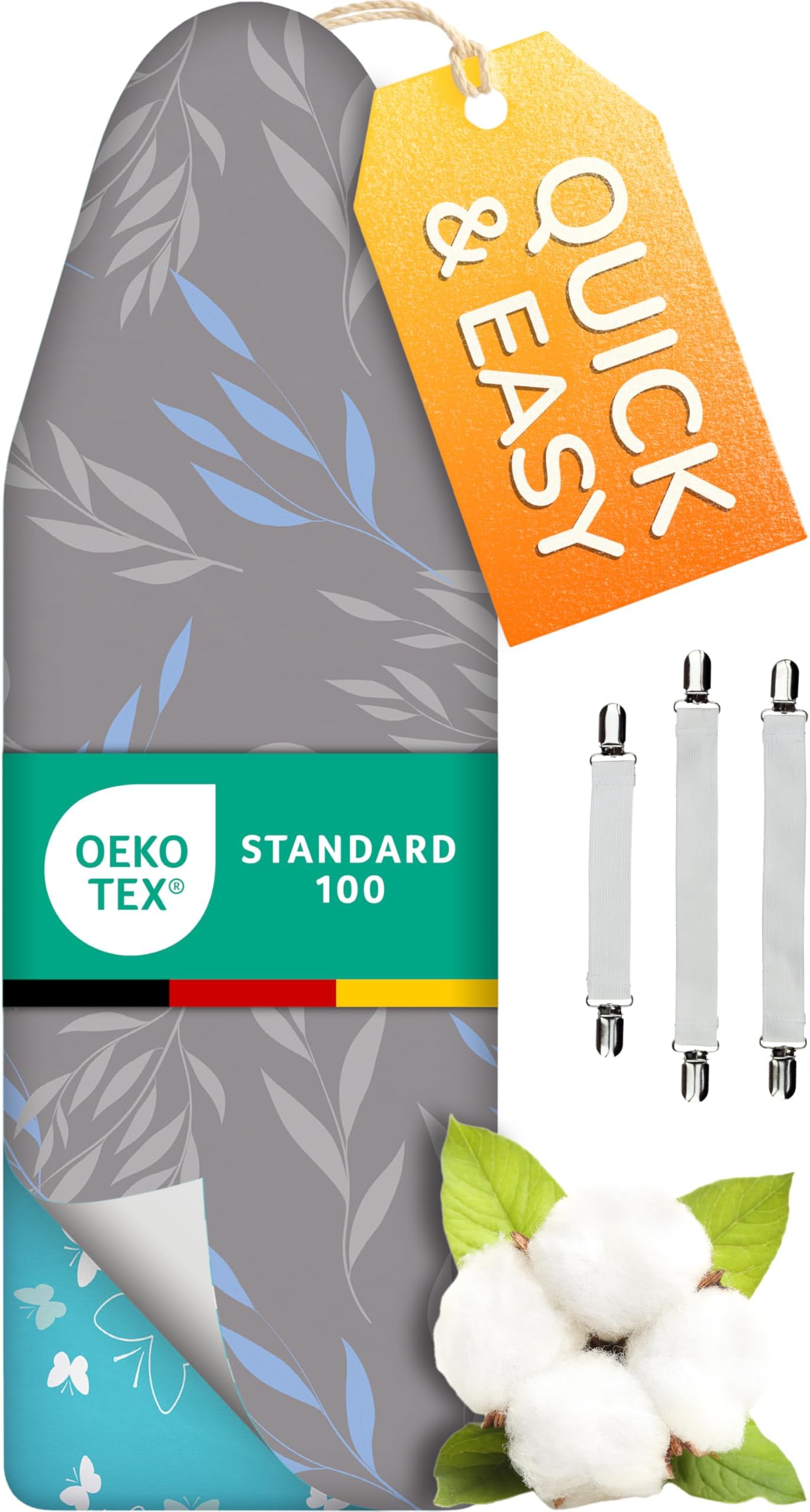 Super Soft 5 Layer Turbo Ironing Board Covers 125 x 45 cm - 50% faster with High Speed Steam Reflection, Made in Germany, 100% Cotton Top, 120 x 45, 5 sizes, XL for Dimensions 120-125 x 40-45 cm