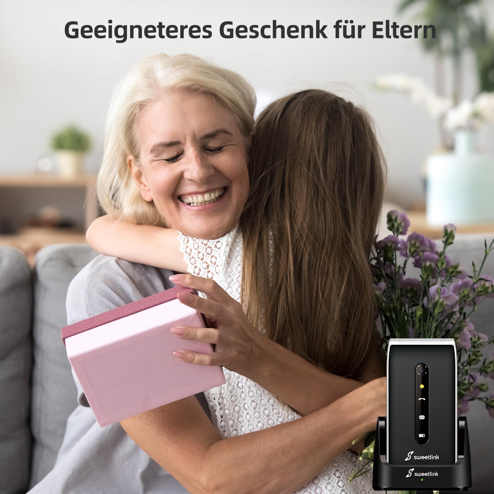 SweetLink F1PLUS Seniorenhandy Klapphandy Ohne Vertrag, Großtastenhandy mit Ladestation, GSM Flip Mobiltelefon SOS Notruffunktion, 1000mAh Akku, Taschenlampe, FM-Radio, 2,4 Zoll Farbdisplay, Schwarz
