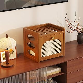 Rattan Mesh Storage Box with Adjustable Shelves, Multi-Functional AV Media Stand, Breathable Cabinet Door Router for Home and Office