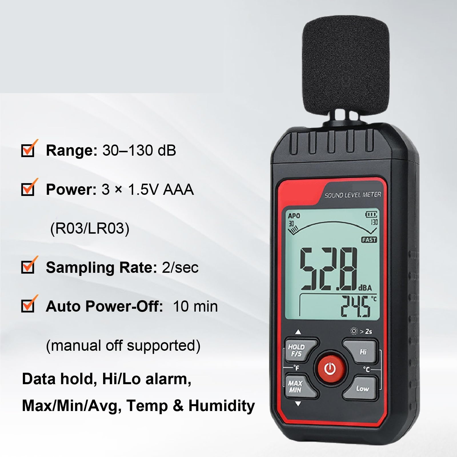 Decibelmetro, Rilevatore di rumore 30~130dB Misuratore decibel livello sonoro Batteria Carica USB