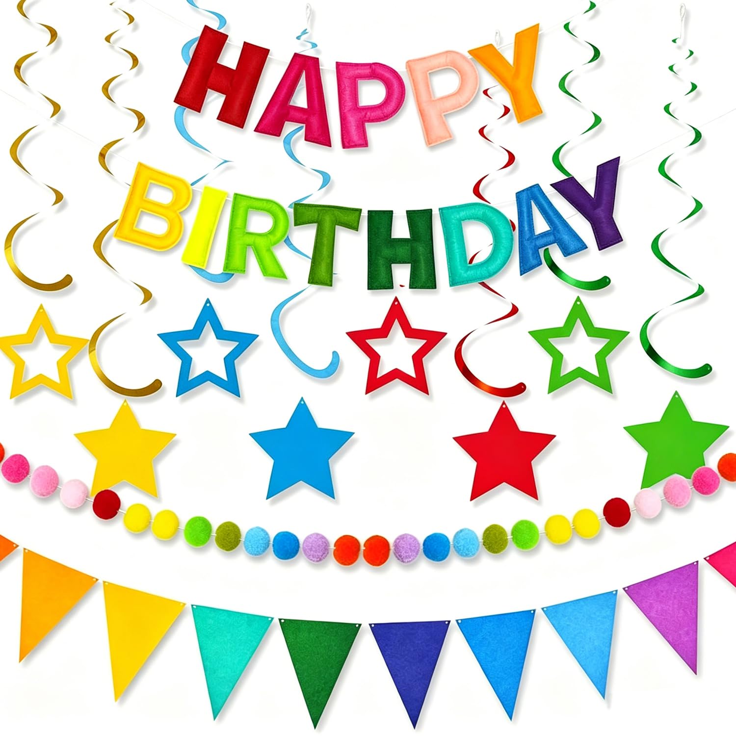 Pre-Strung Happy Birthday Banner: Reusable Rainbow Birthday Decorations with Felt Ball Garland, Colourful Felt HAPPY BIRTHDAY Sign for Party Decor, Photo Backdrop & Celebration