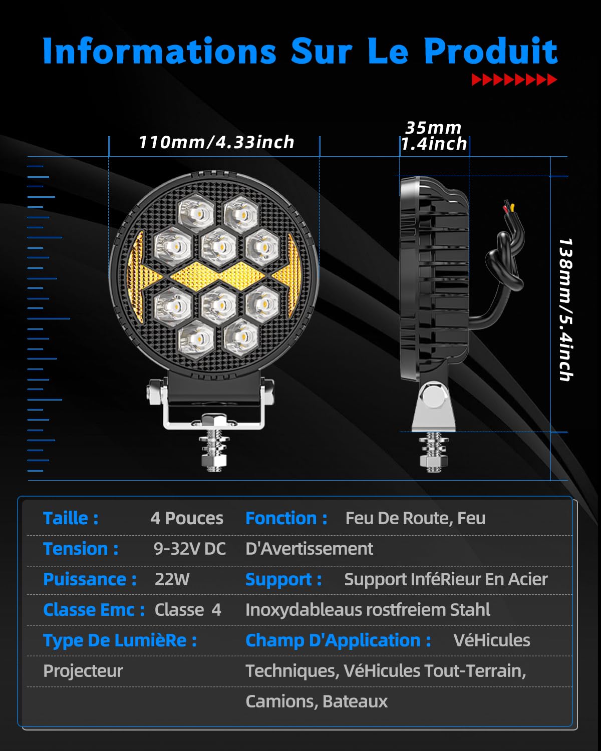 BraveWAY 2 x 22 W 10000LM Rotondo Faro Da Lavoro Led, 4 Pollici Faro Di Lavoro Led 12 V 24 V, Proiettore Ambra Bianco Per Suv, Camion, Moto, Trattore, Suv, Faro Led Trattore