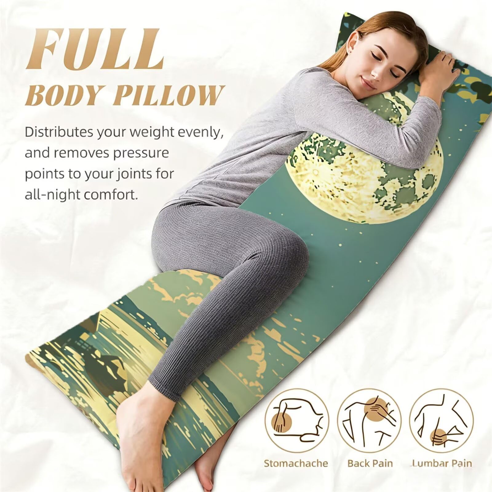 Funda de Almohada 60 x 180 cm Luna Protector Almohada 180 cm con Cremallera Invisible, Lino Durable y Transpirable Pillow Case Largas Paisaje Impresión a Doble Cara para Cama, Sofá y Dormitorio dg-562