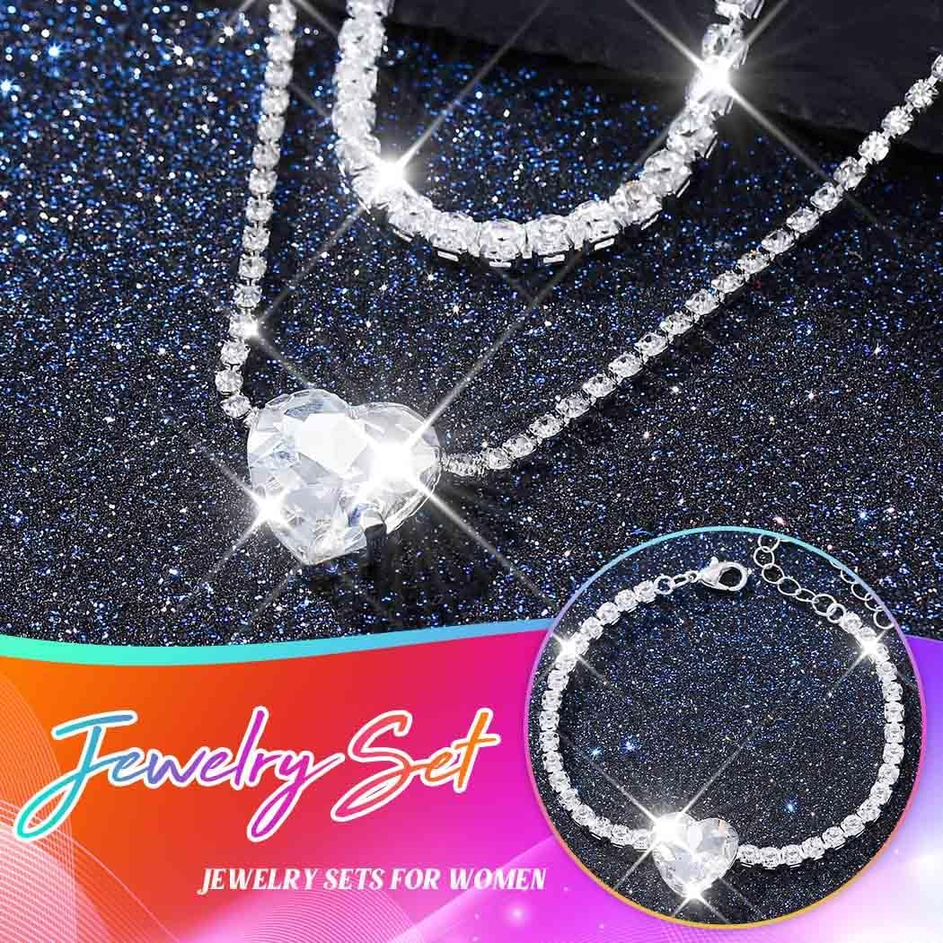 Unicra Silver Rhinestone Necklace Earrings Bracelet Sets Bridal Wedding Jewelry Set Heart Costume Jewelry Sets for Women and Brides - Image 7