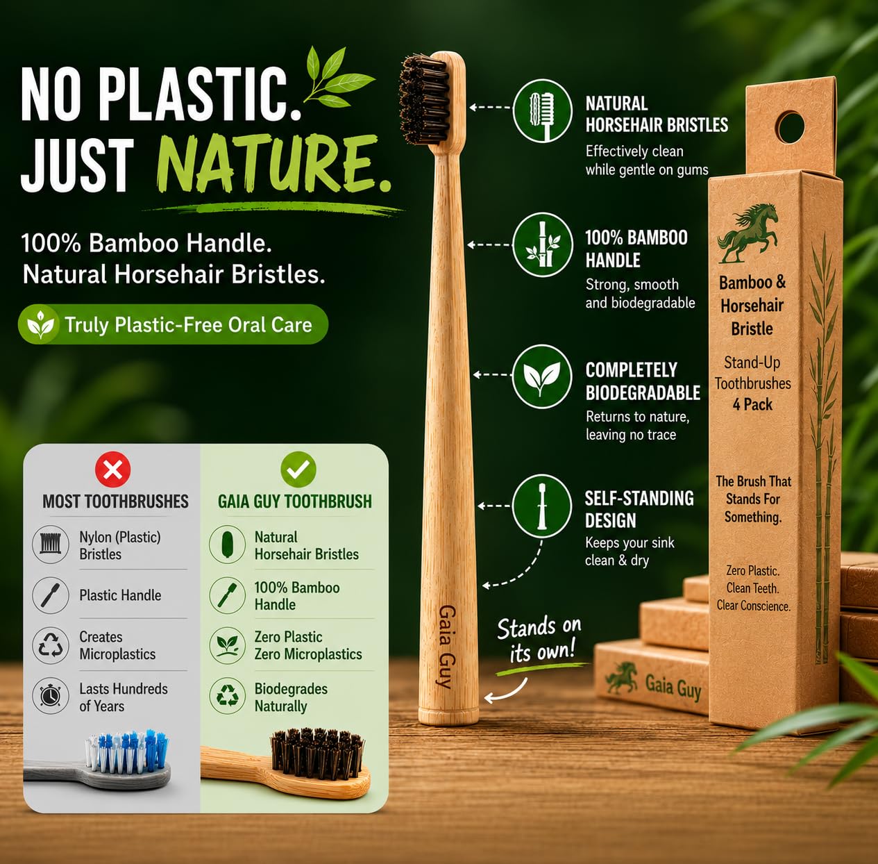 Gaia Guy Szczoteczki do zębów z włosia końskiego bambusa, 4 sztuki, naturalne włosie końskiego włosia | Stojąca szczoteczka do zębów bez plastiku | Zero Waste pielęgnacja jamy ustnej