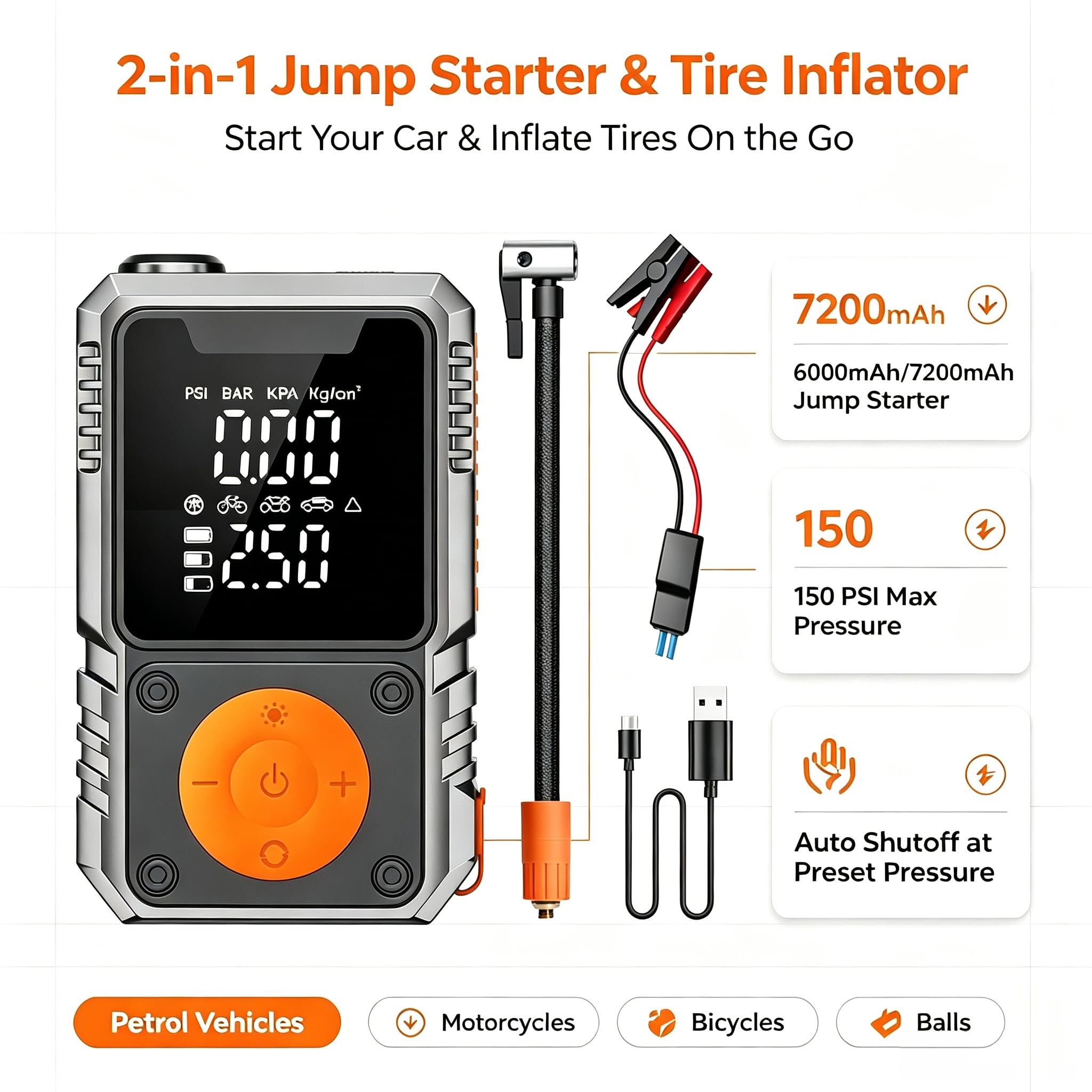 Arrancador de Coche portátil y compresor de Aire con Banco de energía de 7200 mAh, inflador de neumáticos de 150 PSI, Amplificador de batería de vehículo de 12 V, luz LED, Carcasa ABS