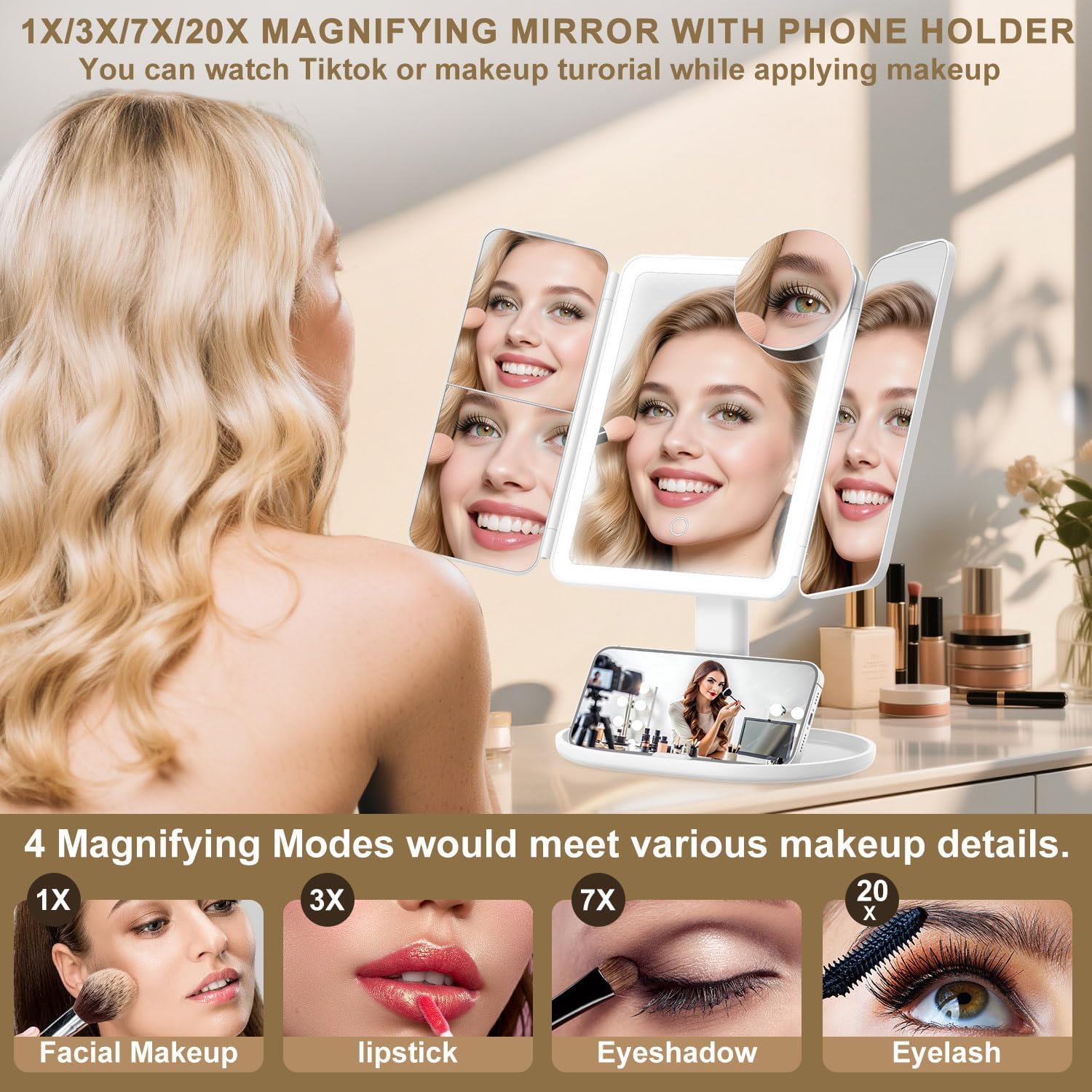 Mocado Makeup Mirror with Lights, 20X/7X/3X Magnifying Mirror with Light,Rechargeable & Height Adjustable Lighted Makeup Mirror,Vanity Mirror with 3 Colors Lights,Detachable Design for Travel(White) - Image 2