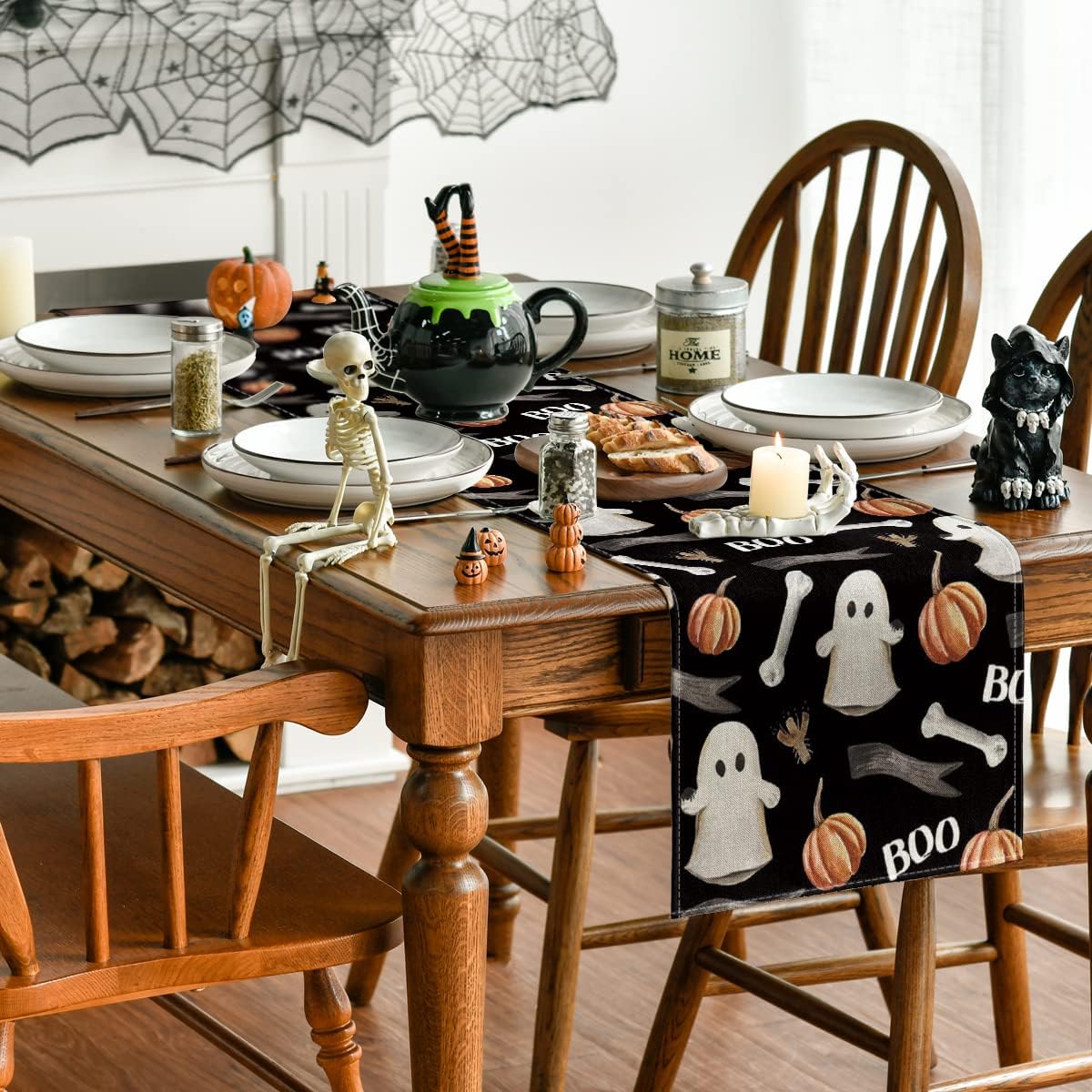 Artoid Mode Watercolor Ghost Pumpkins Bone Boo Table Runner Black, Seasonal Fall Spooky Halloween Holiday Kitchen Dining Table Decoration for Indoor Outdoor Home Party Decor 13 x 72 Inch