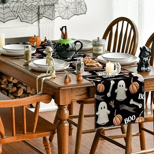 Miniatura 3 de Artoid Mode Camino de mesa con diseño de calabaza fantasma de acuarela color negro temporada de otoño espeluznante Halloween vacaciones cocina