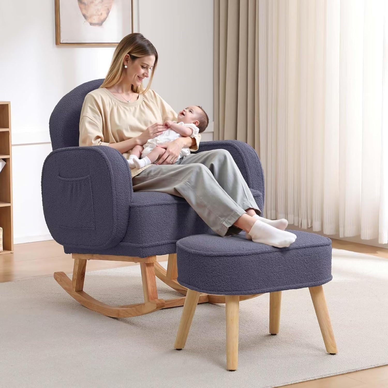 HCHAIRH Nursery Rocking Chair with Footrest, Upholstered Glider Rocker with High Backrest and Side Pocket, Rocking Accent Armchair with Solid Wood Legs for Nursery, Living Room, Bedroom Dark Grey