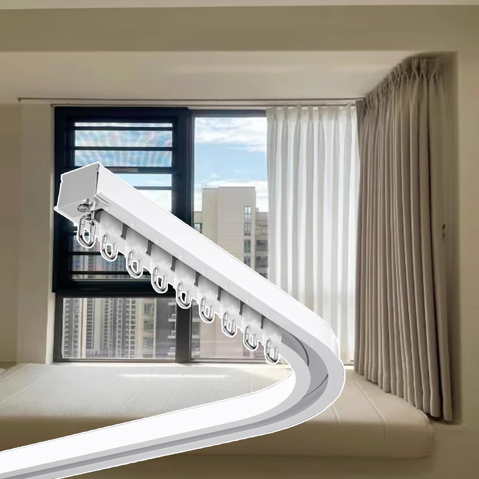 CMYUN Curtain Track Slim Bendable Ceiling Mount Curtain Track, Curved Built-in Curtain Tracks Set Ceiling Track, Recessed Ceiling Curtain Slide, for Bay Window(3.0M (9.8FT))