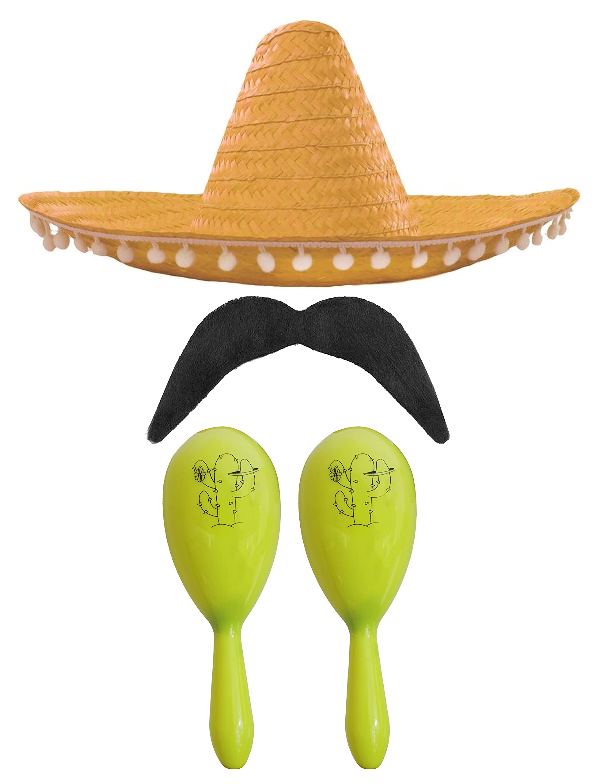 Adults Mexican Accessory Set - Natural Mexican Sombrero, Yellow Maracas, Moustache - Mexican Cinco de Mayo Sensorita Bandit Mariachi Fancy Dress Costume Accessory Set