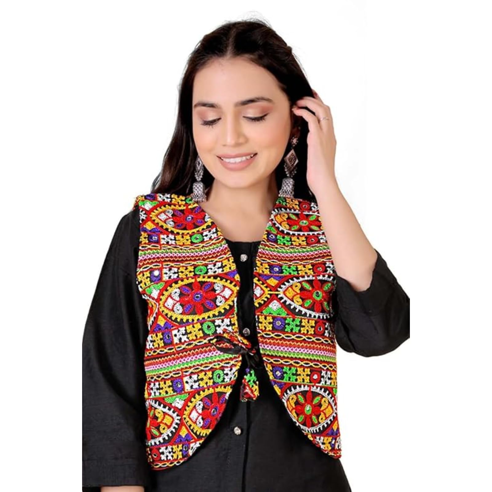 Women's Cotton Blend Jacket with Sleeveless Drawstring Front Open Closure type and Collarless Handmade Work-image-37
