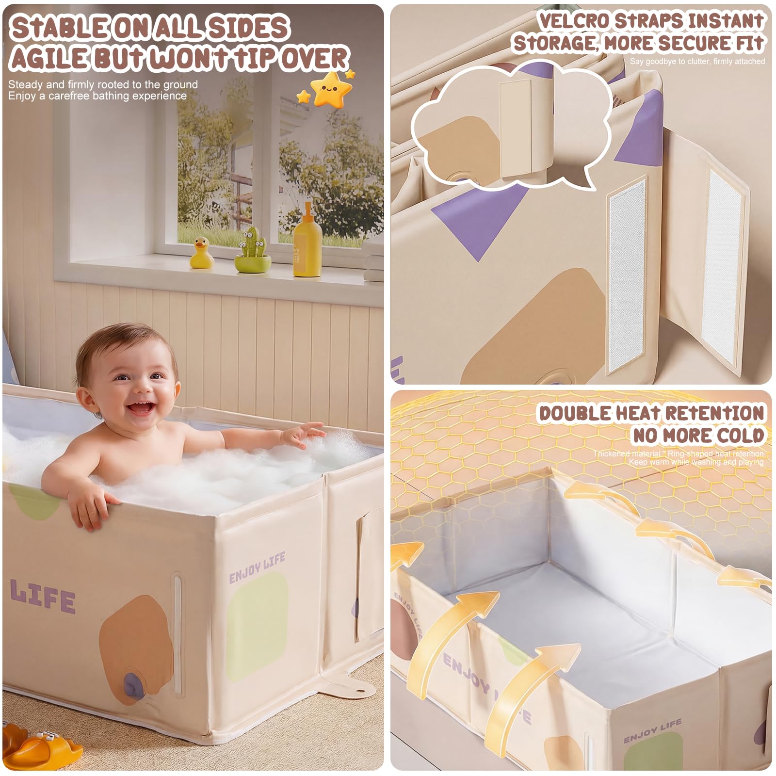 Foldable Baby Bath Tub, Extra Large Non-Slip Kids Bath Tub, Portable Space-Saving Baby Bathtub for Newborn, Toddler & Young Children, Collapsible Bath for Home, Shower Room & Travel (Beige) - 4