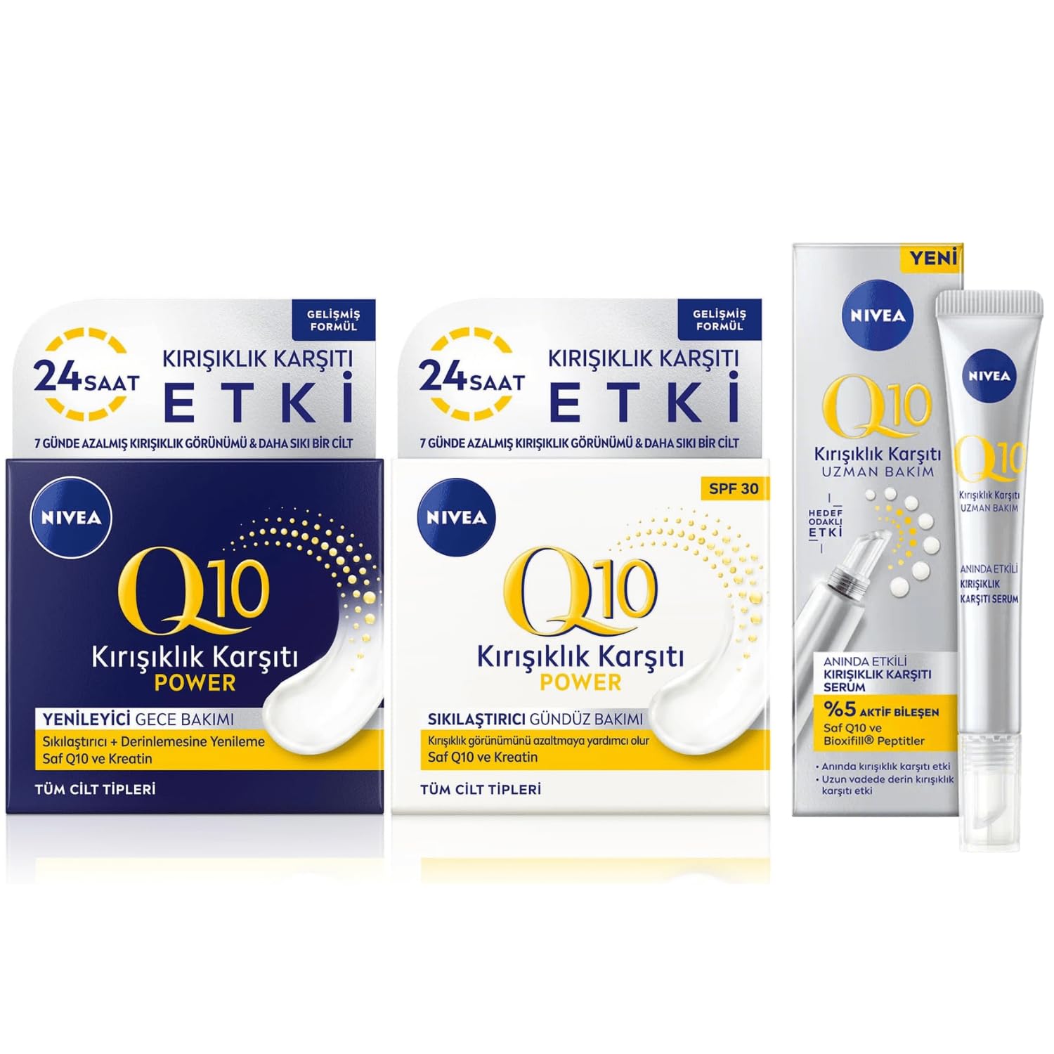 NIVEA Q10 3 Adımlı Kırışıklık Karşıtı Bakım Seti,Gündüz Kremi,Cilt Serumu ve Gece Kremi 50 ml