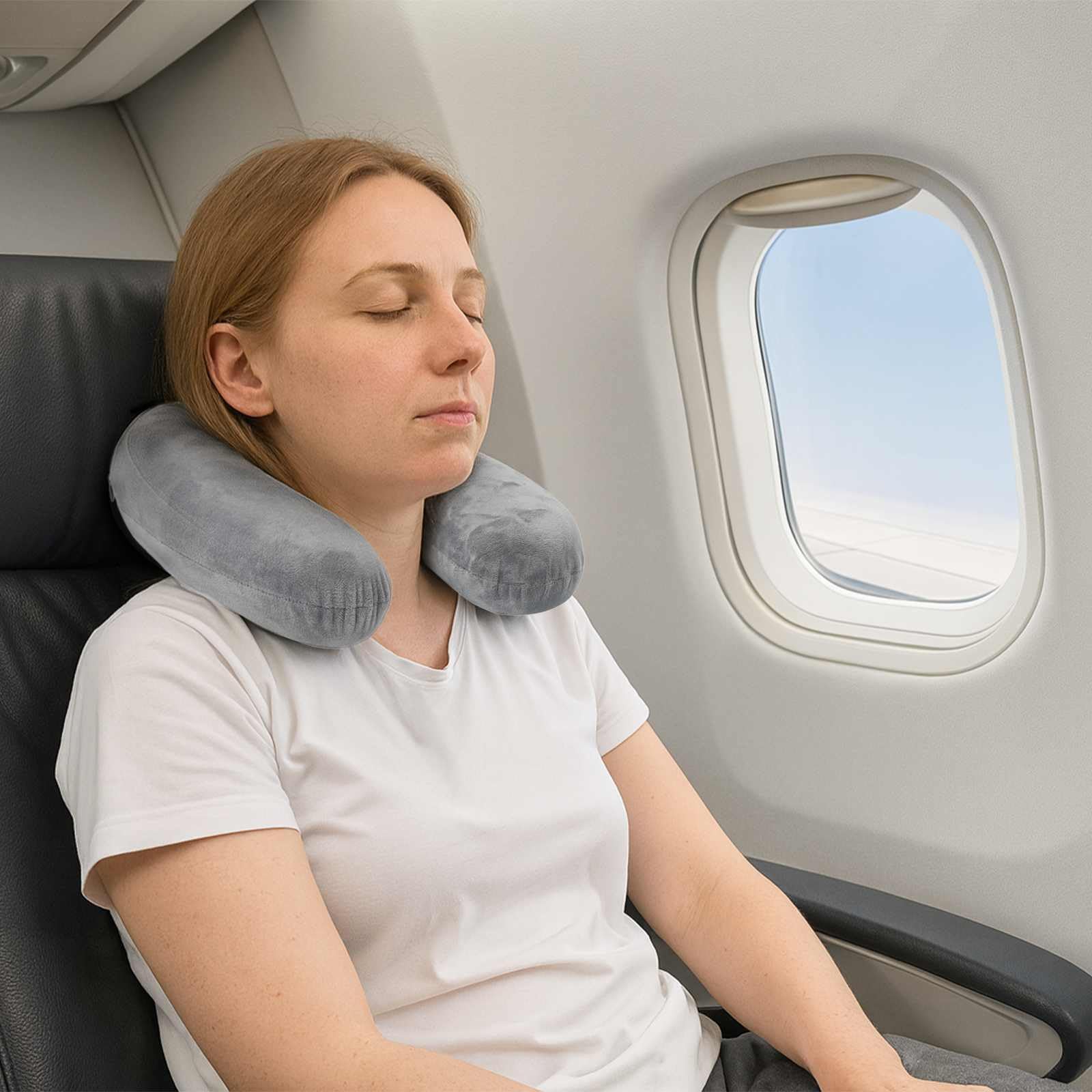 Almohada de viaje para cuello gris con espuma viscoelástica, almohada ergonómica para dormir de lado y de espalda, transpirable, funda lavable