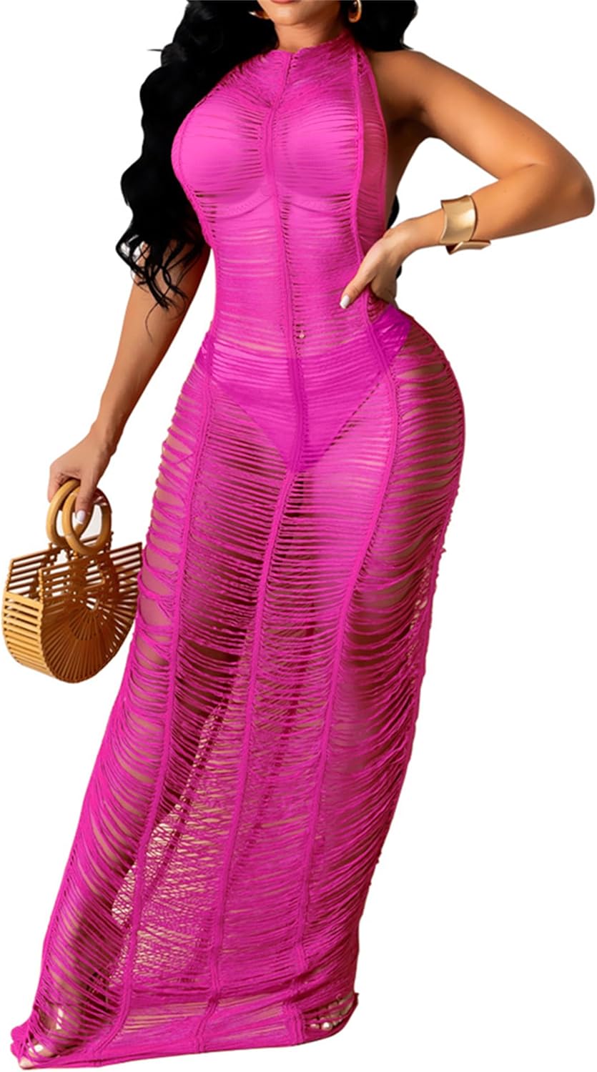 Women Sexy Crochet Swimsuit Cover Up Halter V Neck Backless See Through Long Maxi Dress Summer Beach Bikini Cover Ups