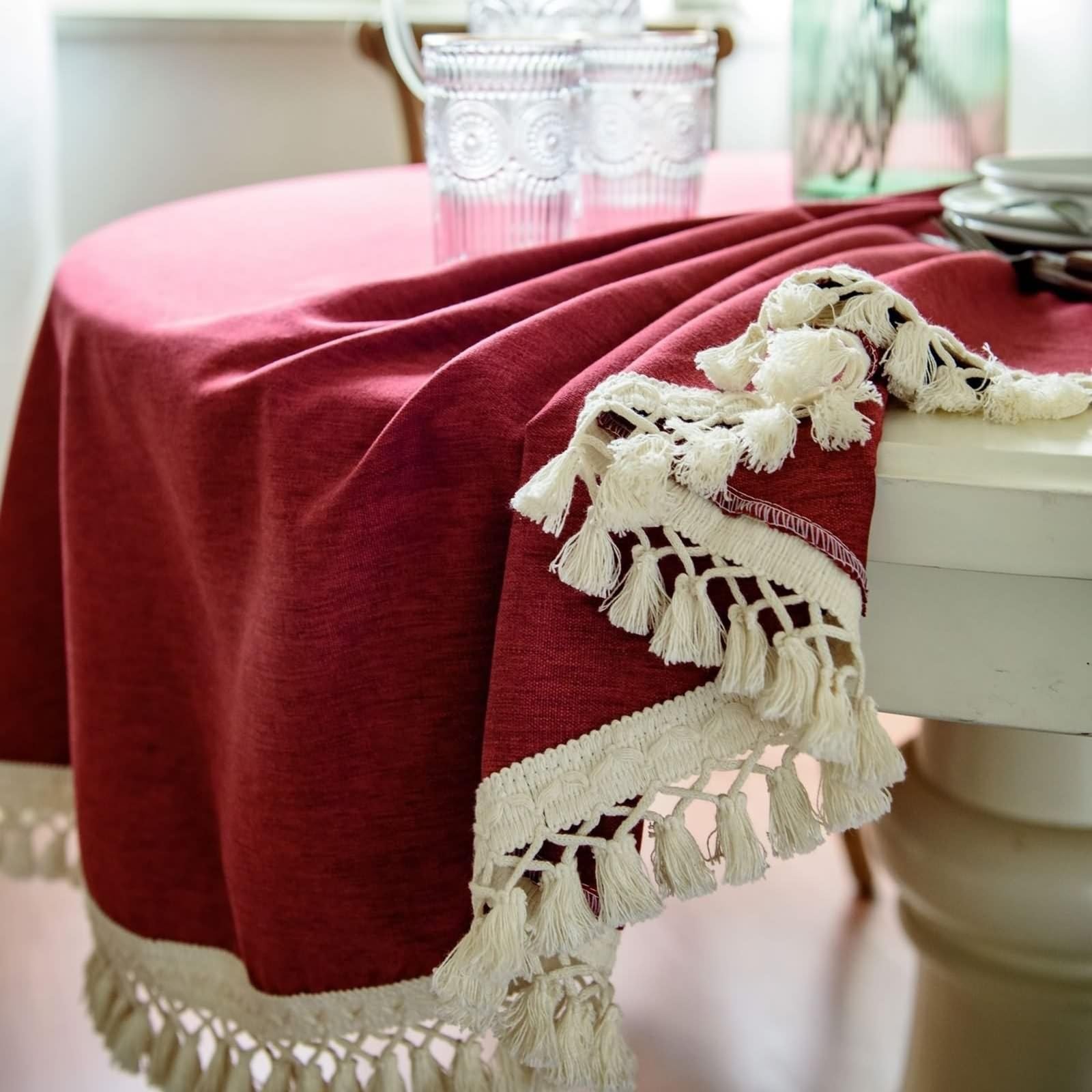 Runde Tischdecke 160 cm, Tischdecke Polyester Abwaschbar 2-4 Personen Einfarbiges Rot mit Spitze Tischwäsche Landhausstil Deko