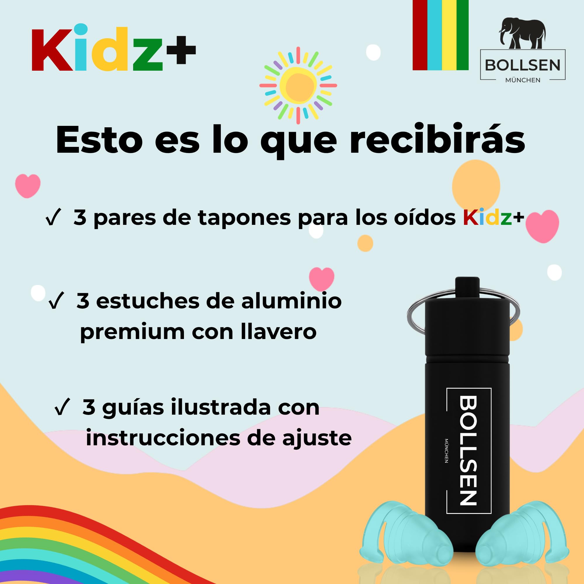 BOLLSEN Tapones para los oídos para niños – Reducción de ruido de 24 dB SNR y tapones impermeables para nadar, dormir, viajar y usar en la escuela – Tapones reutilizables y cómodos para niños. (3)