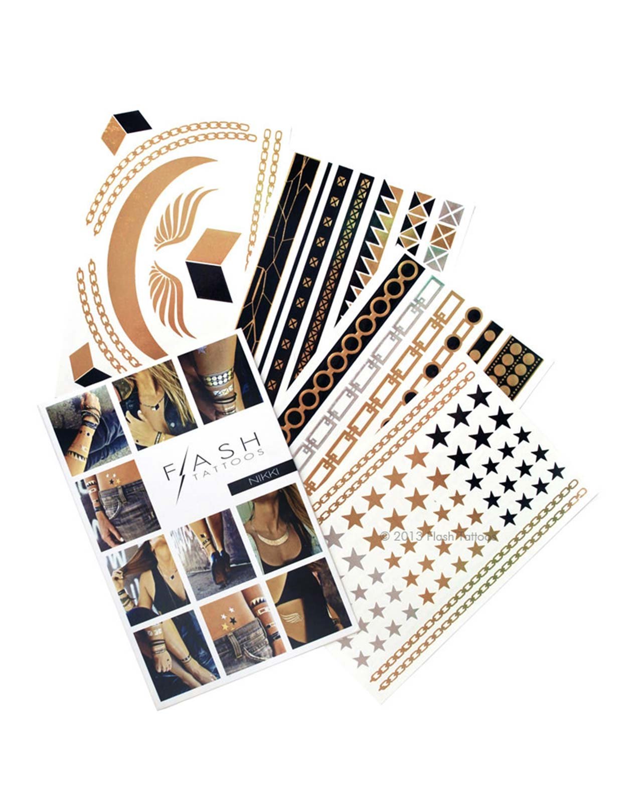 Flash Tattoos Nikki Authentic Metallic Temporary Jewelry Tattoos 4 Sheet Pack (Black/gold/silver) Includes over 31 premium waterproof rocker inspired tattoos