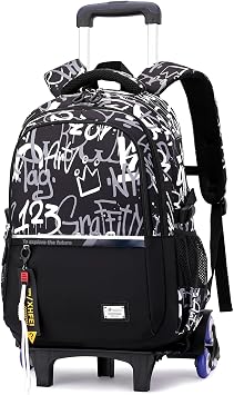 FANDARE 35L Rolling Backpack with 6 Wheels for Men Women Roller Bookbag Carry-on 6-wheel Letters Travel Backpacks Black A