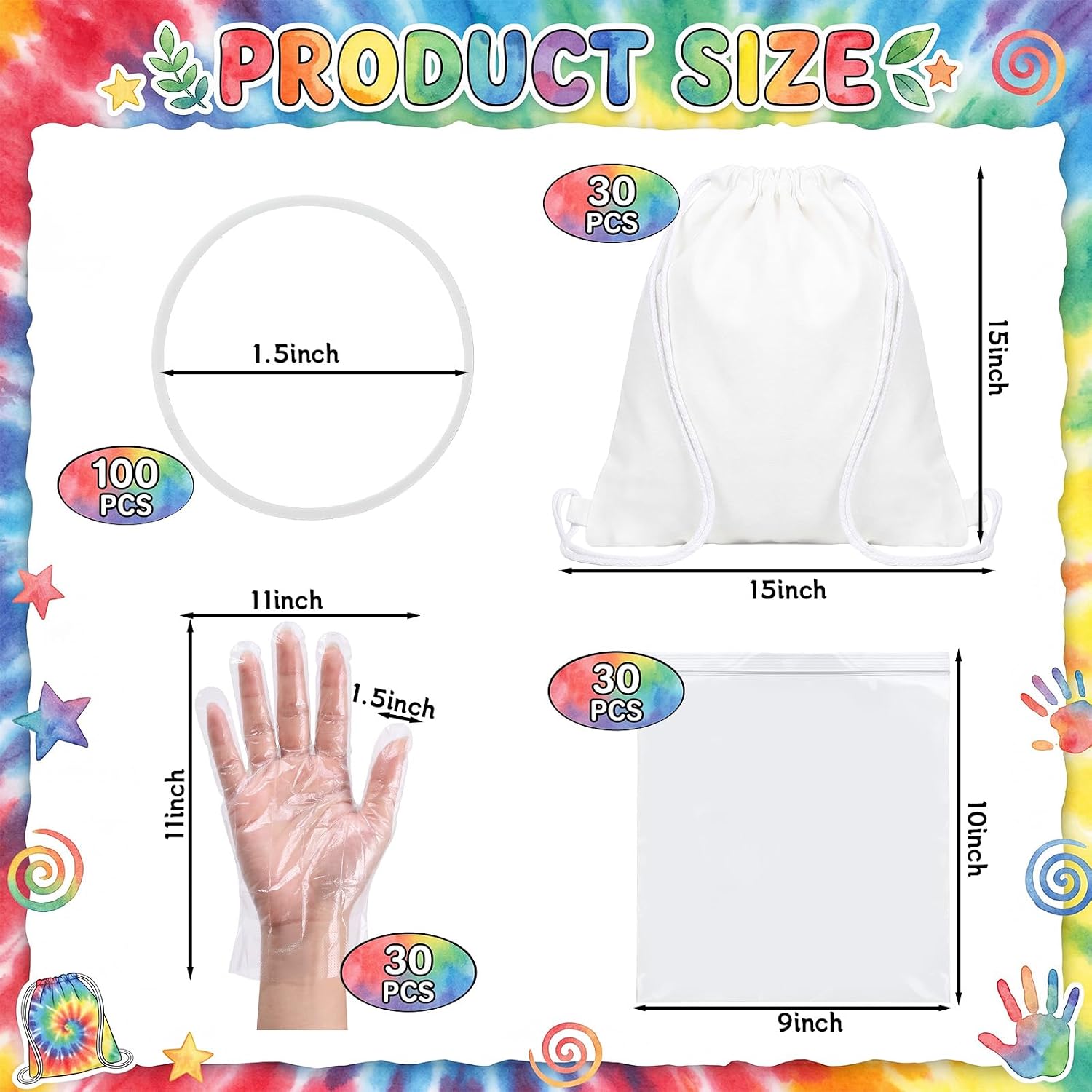 Acellegic 30 Pcs White Tie-dye Cotton Drawstring Bags with 30 Pairs of Gloves, 30 Sealable Bags, and 100 Rubber Bands, Sublimation Blank Canvas Drawstring Backpacks Kit for Party Favors, DIY Crafts