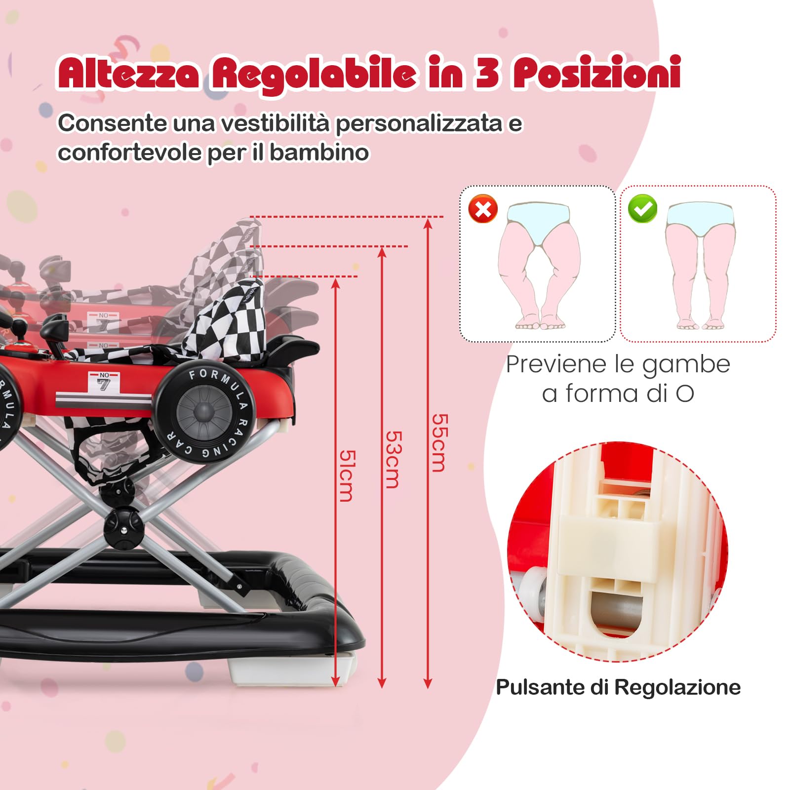 GYMAX 4 in 1 Girello a Spinta Neonato 6 a 12 Mesi, Carico 12kg, Pieghevole con Luci e Suoni, Altezza Regolabili, Carillon Rimovibile, Carrllo Primi Passi per Bambini, 73 x 63 x 51/53/55 cm