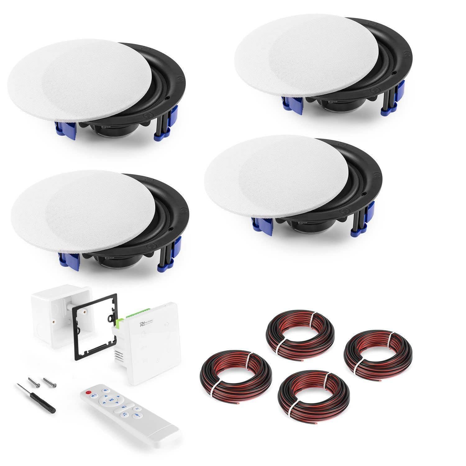 Power Dynamics A100WSet Lot de 4 Haut-Parleurs de Plafond avec Amplificateur Mural - Blanc, Compatible 100V, Bluetooth 5.0