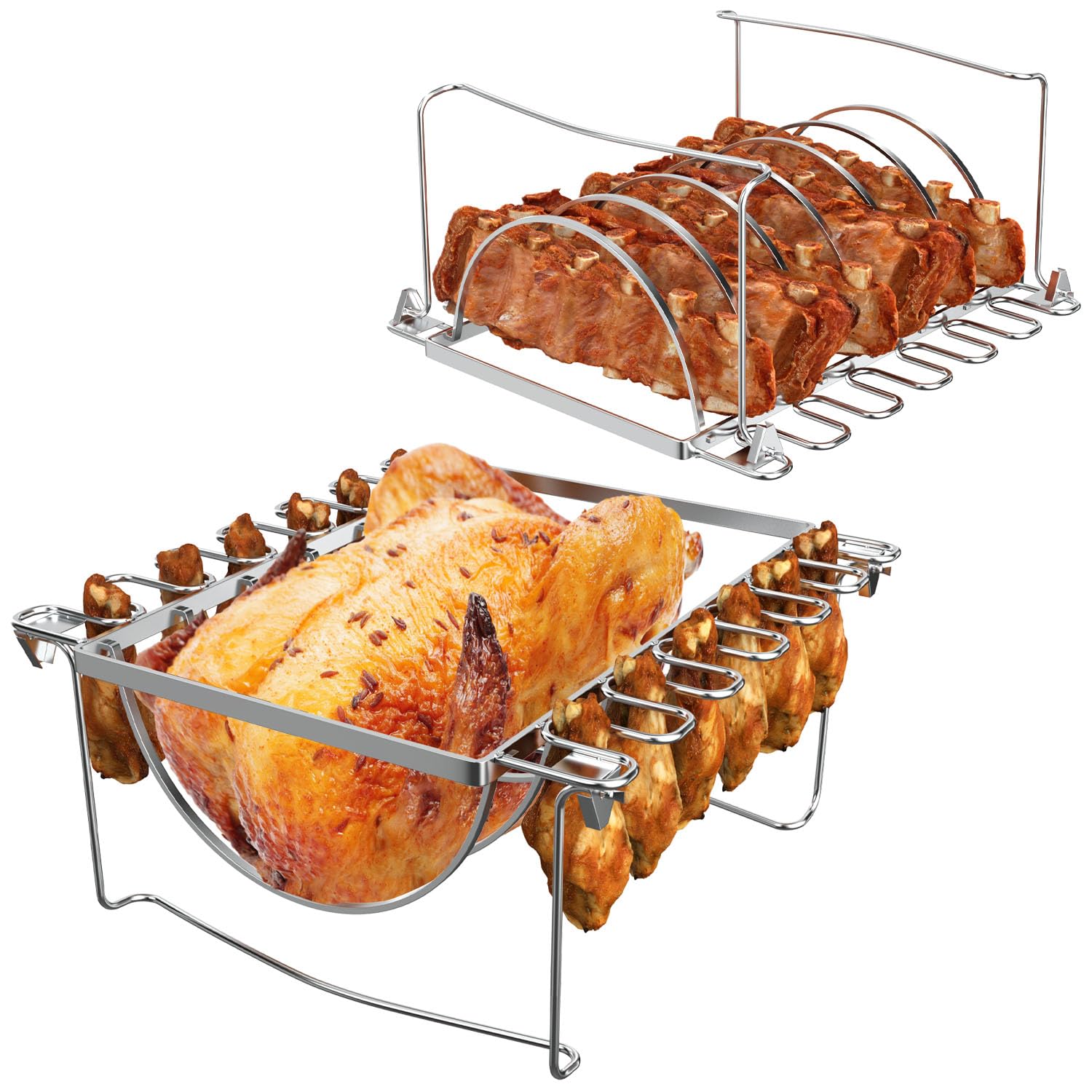 BBQ Future 3-in-1 Rib Racks & Chicken Leg Rack for Smoker Grills and Oven, Stainless Steel Foldable Turkey Roasting Drumstick Holder - Holds 1 Whole Chicken, 12 Chicken Leg Wing, 6 Large Ribs