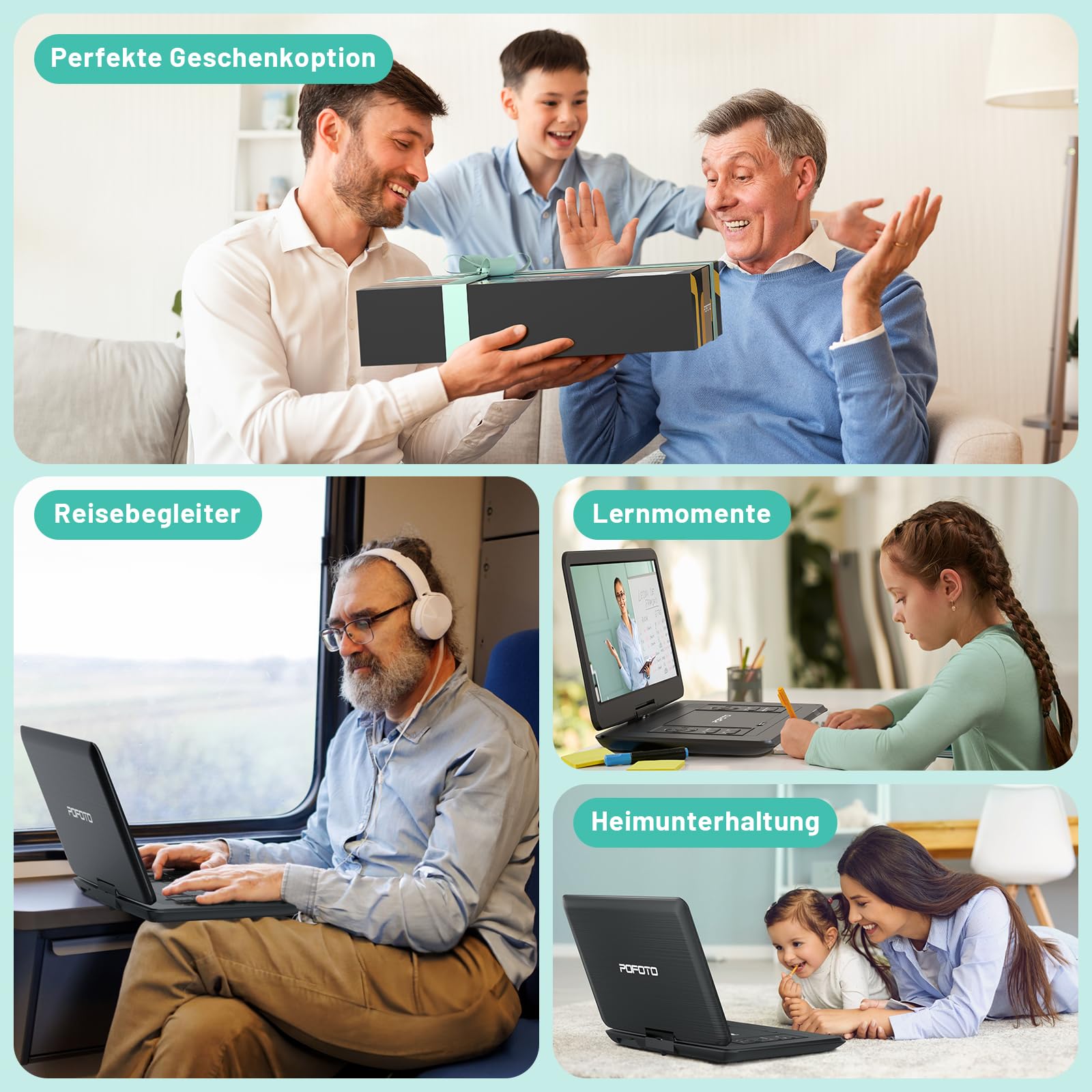 POFOTO 17,5'' Tragbarer DVD-Player mit 15,6'' Drehbarem HD-Display, 6h Akkulaufzeit, Unterstützt Mehrere Formate/SD/USB, TV/Projektor-Sync, Stoßfest & Speicherfunktion, Stereo-Lautsprecher (Schwarz)