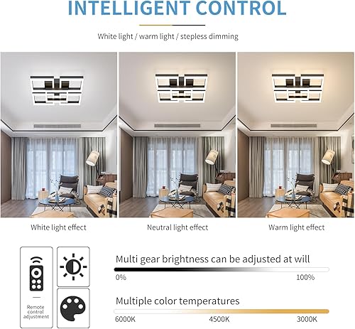 Miniatura 5 de GEADI Lámpara de techo LED moderna, luz de montaje empotrado negra de 64 W, lámpara de techo cuadrada con control remoto, lámpara de techo acrílica