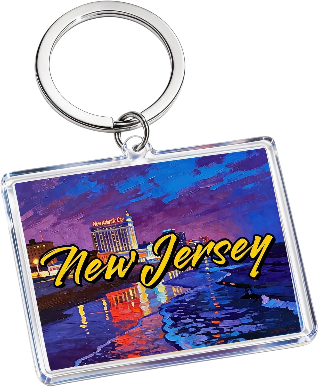 New Jersey Acrylic Keychain, Atlantic City Night Scene, Rectangular, 1.97 x 1.57 Inches, Souvenir Travel Accessory