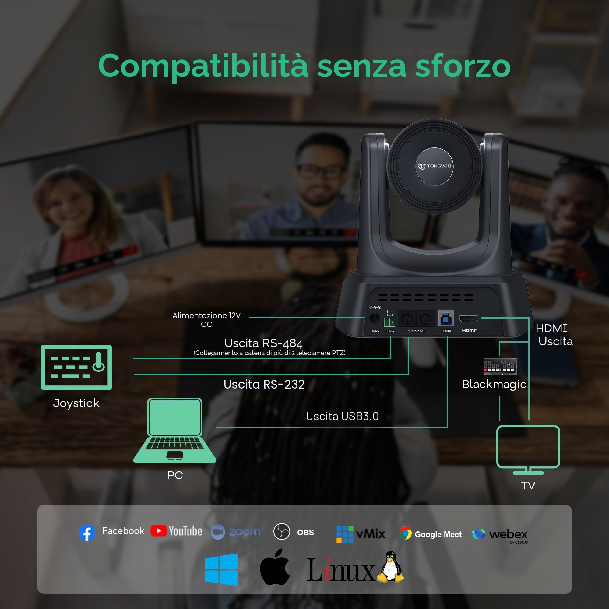 TONGVEO Telecamera PTZ con Tracking IA, Zoom Ottico 12X, 1080P 60fps HDMI/USB 3.0, per Conferenze, Chiese, Live Streaming, Zoom, YouTube, OBS