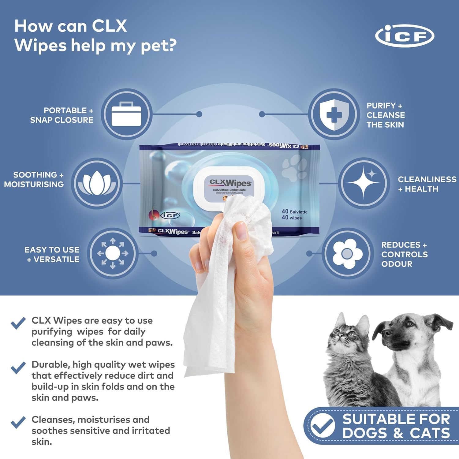 Generico CLX Wipes 40 Pezzi – Salviette Detergenti Delicate per Cani e Gatti – Igiene Quotidiana Pratica per Pelle, Zampe e Pliche - 2 Confezioni, 80 Pezzi Totali