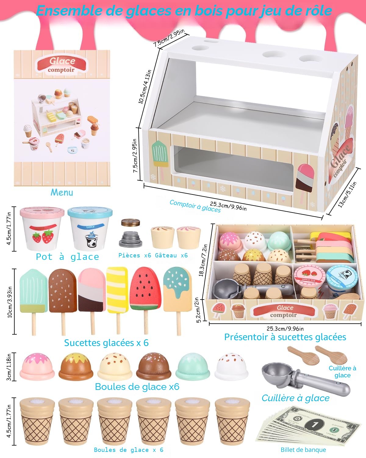 Jeuets de Crème Glacée pour Enfant,Glacier en Bois,Jouet à Crème Glacée en Bois Marchande Enfants,Glacier Jeu Accessoires de Cuisine avec Un comptoir,Montessori pour 3,4,5,6 Ans