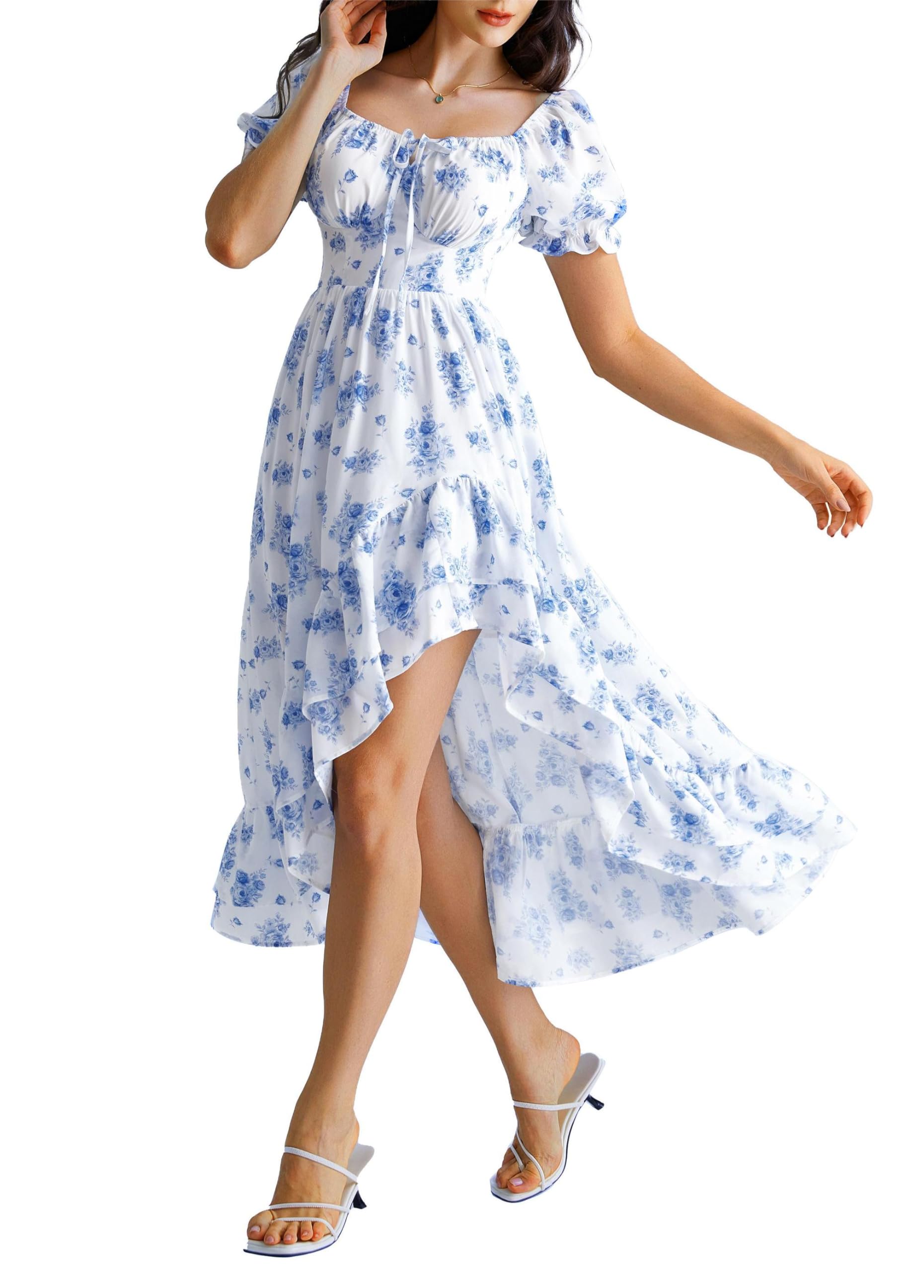 Scarlet Darkness Damen Mittelalter Blumenkleid Puffärmel Gesmokt Taille Lace-up Viktorianisches Strandkleid Blau Rose S