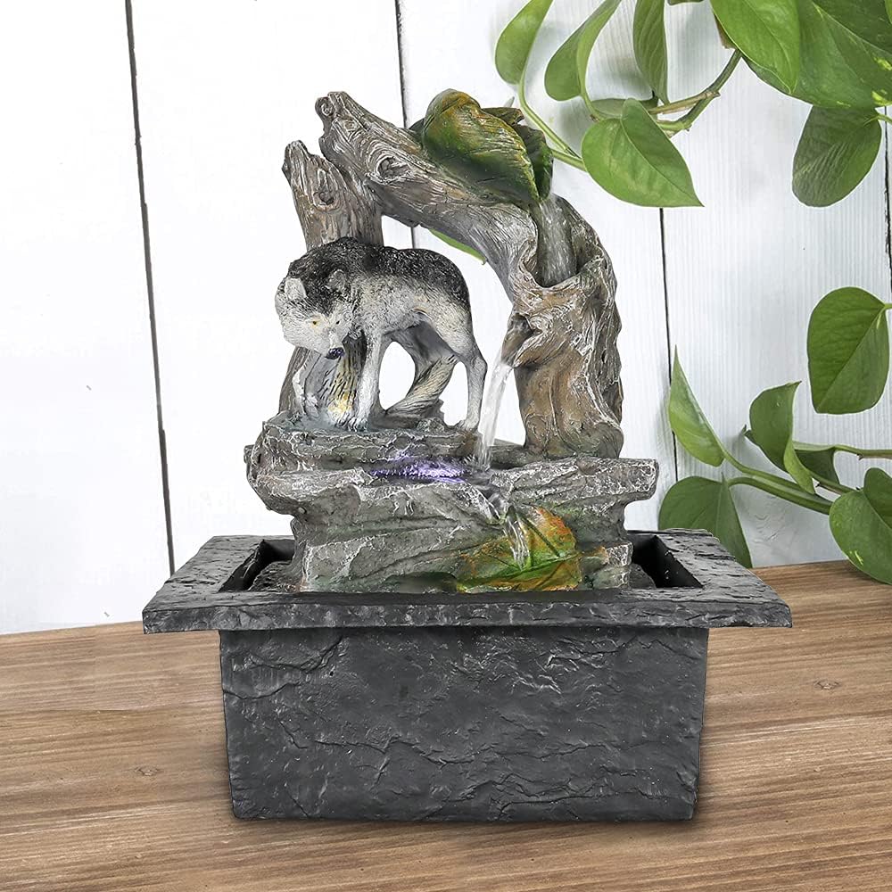 11" H Tabletop Fountain with LED Lights, Indoor/Outdoor Tiered Log Wolf Waterfalls for Home, Office