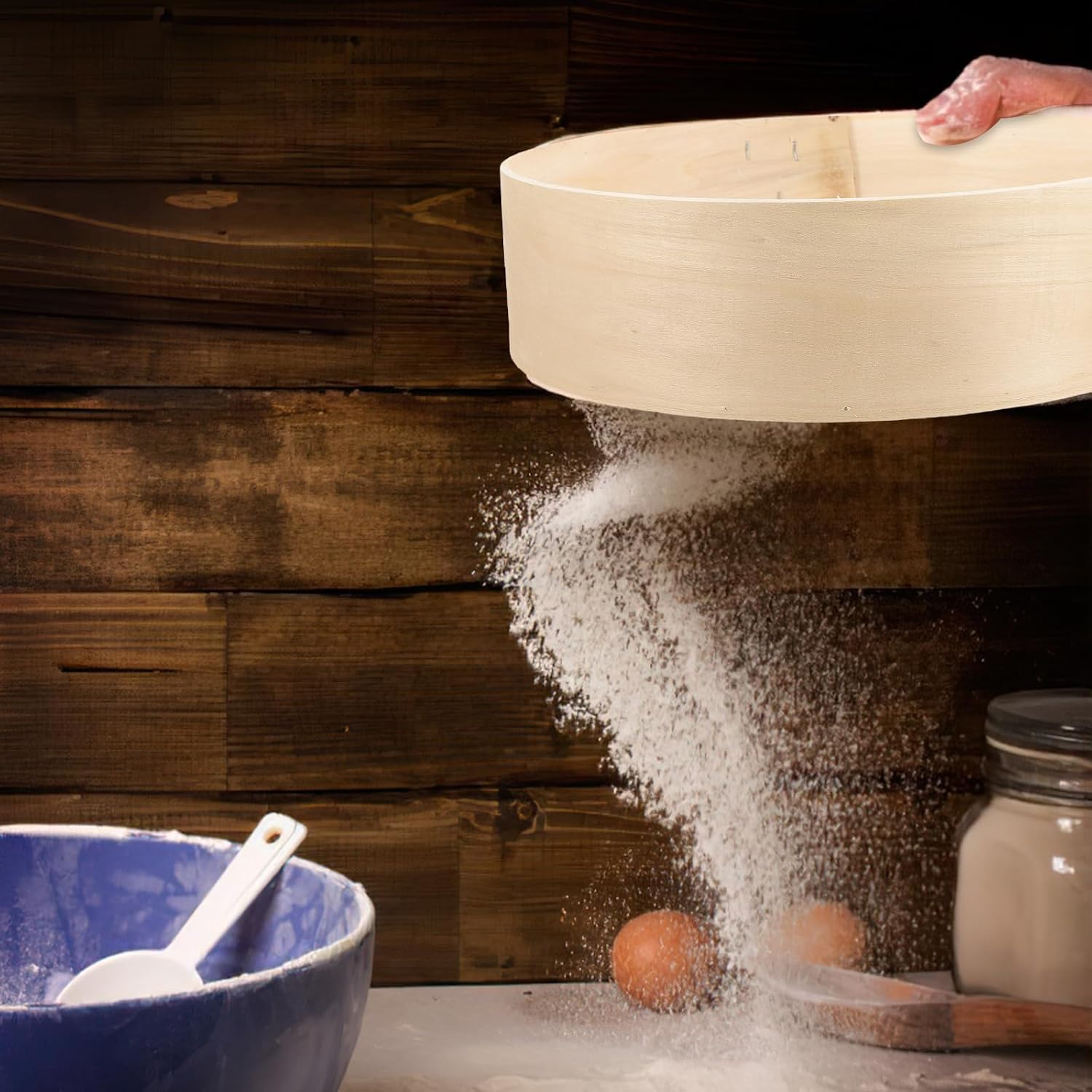 Wooden Flour Sifter Fine Mesh Screen Handheld round Powdered Sugar Sifter for Baking and Kitchen Flour Sieving Filtering Tool