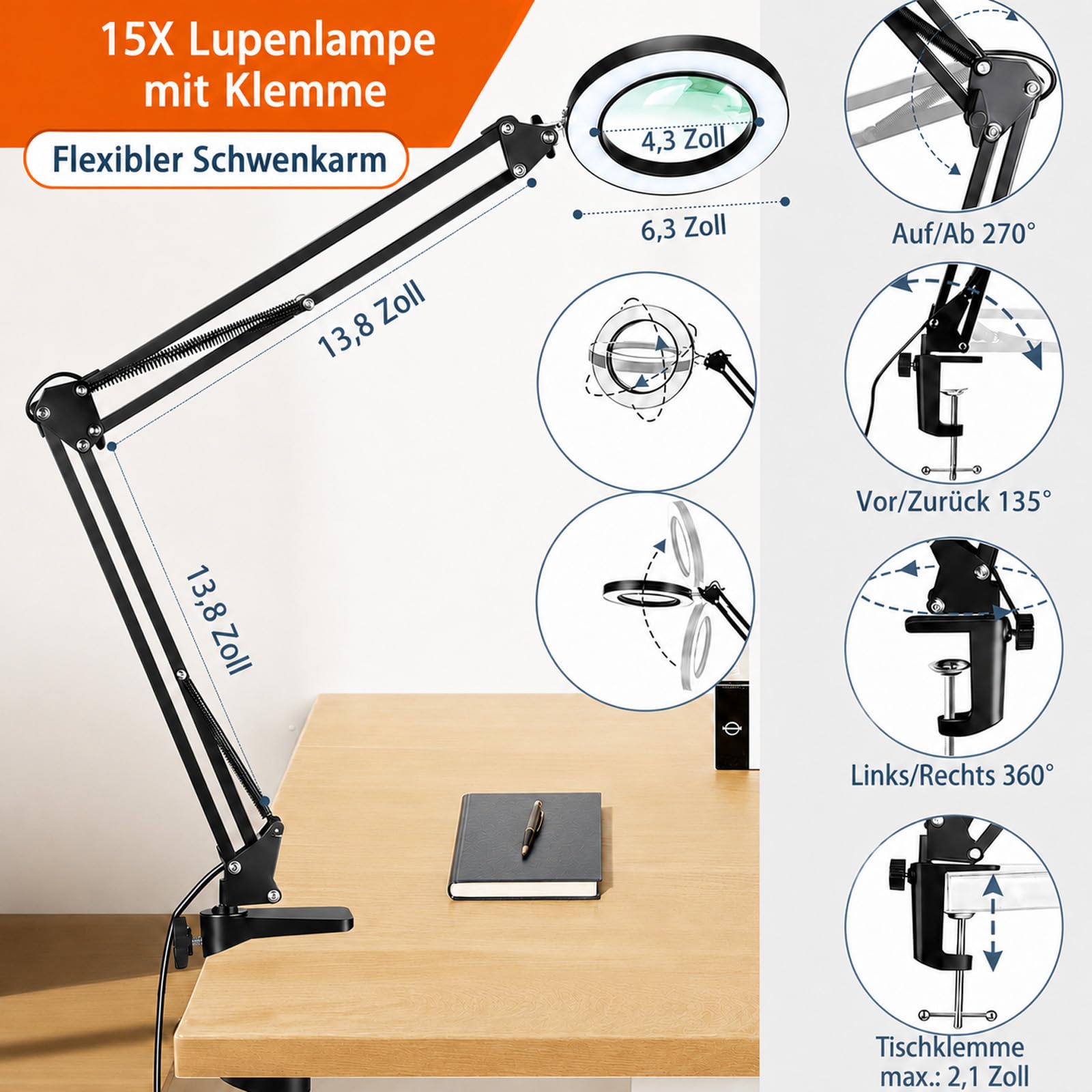 15X Lupenlampe mit Klemme – LED Schreibtischlampe mit 72 LEDs, 3 Lichtmodi & 10 Helligkeitsstufen, Echtglaslinse 4,3", Extra Langer Schwenkarm, Lupenleuchte für Basteln, Lesen & Elektronik