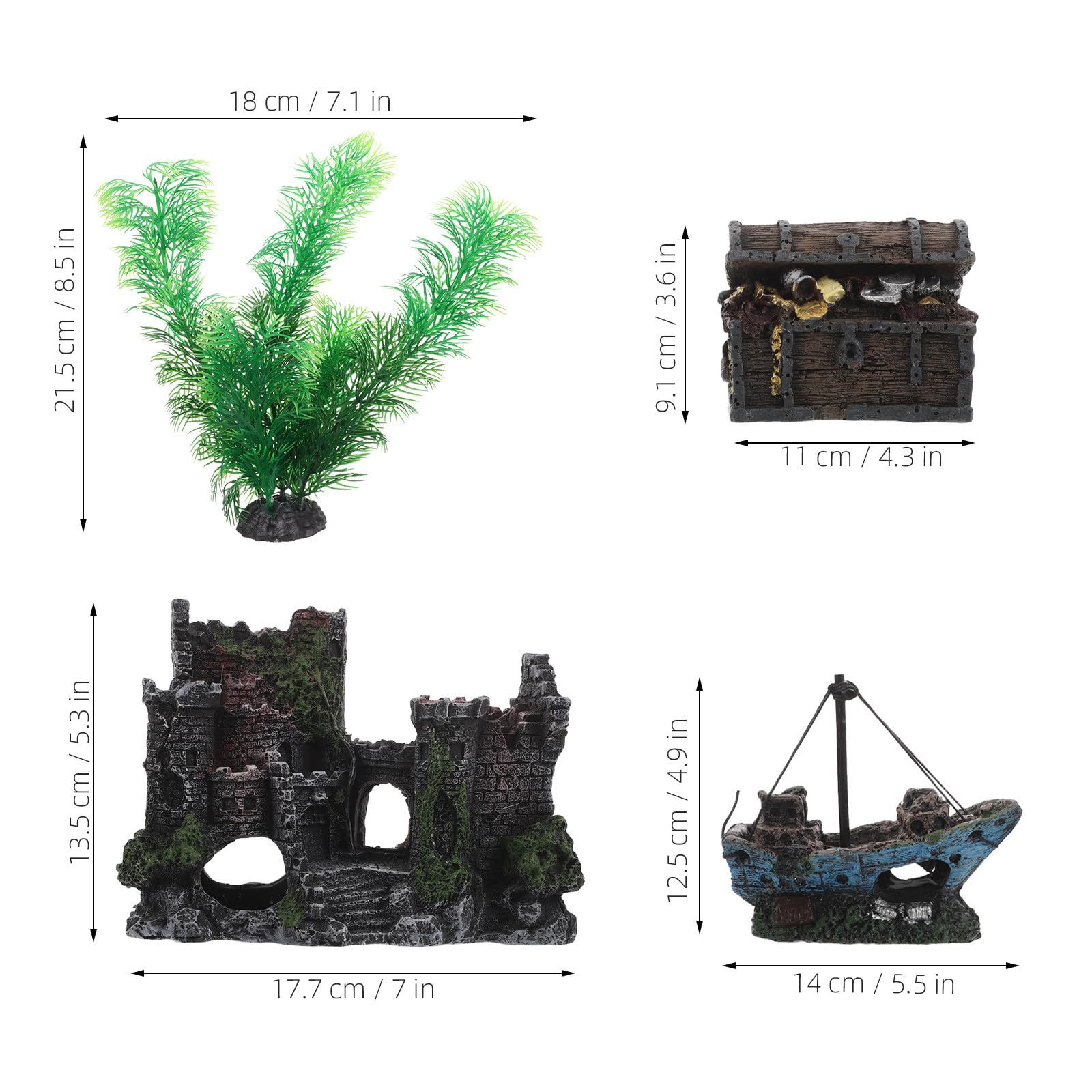 4 Piezas Adorno para Pecera Castillo y Naufragio, Set de Resina